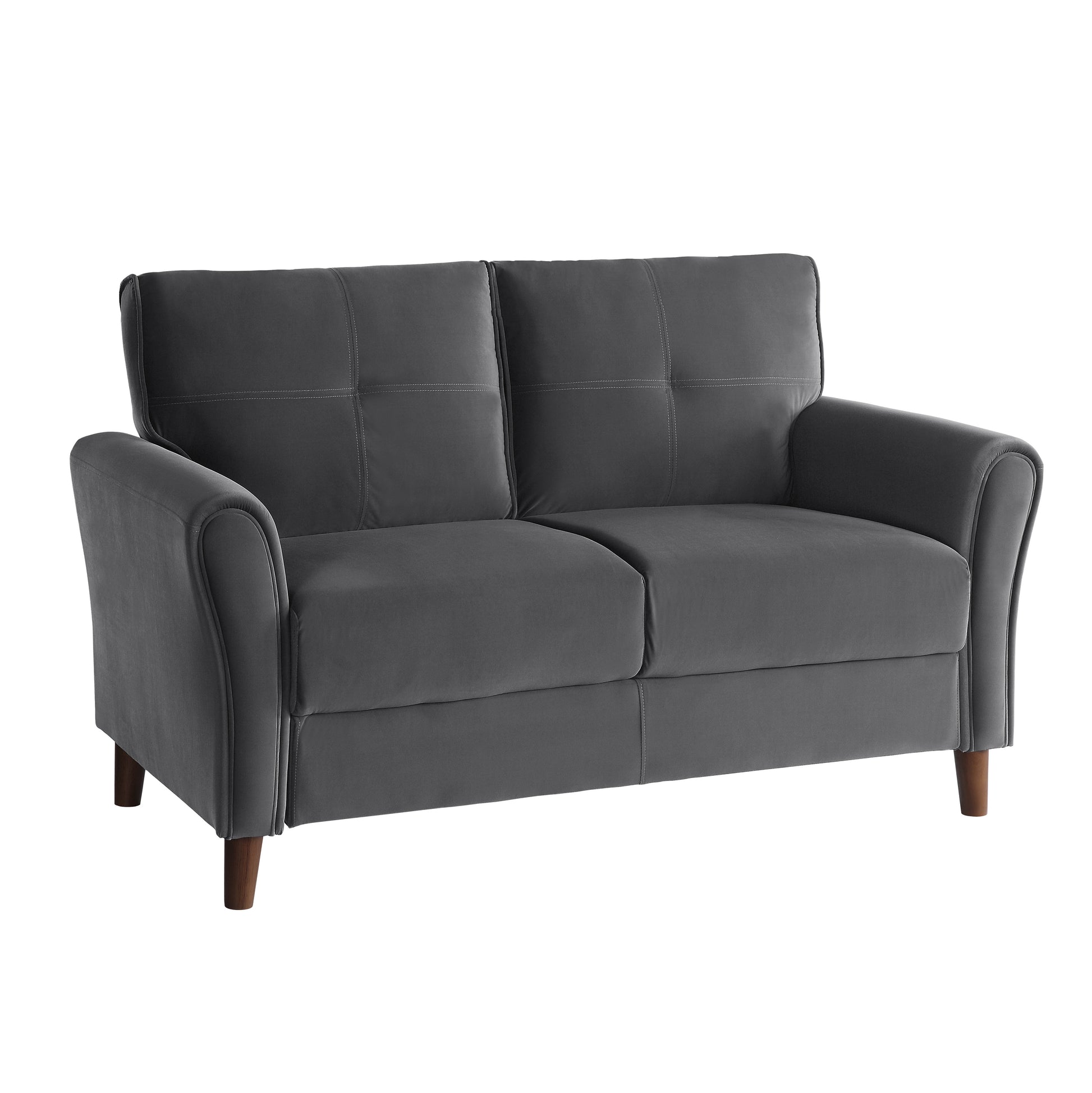 Dark gray velvet loveseat with tufted cushions and wooden legs