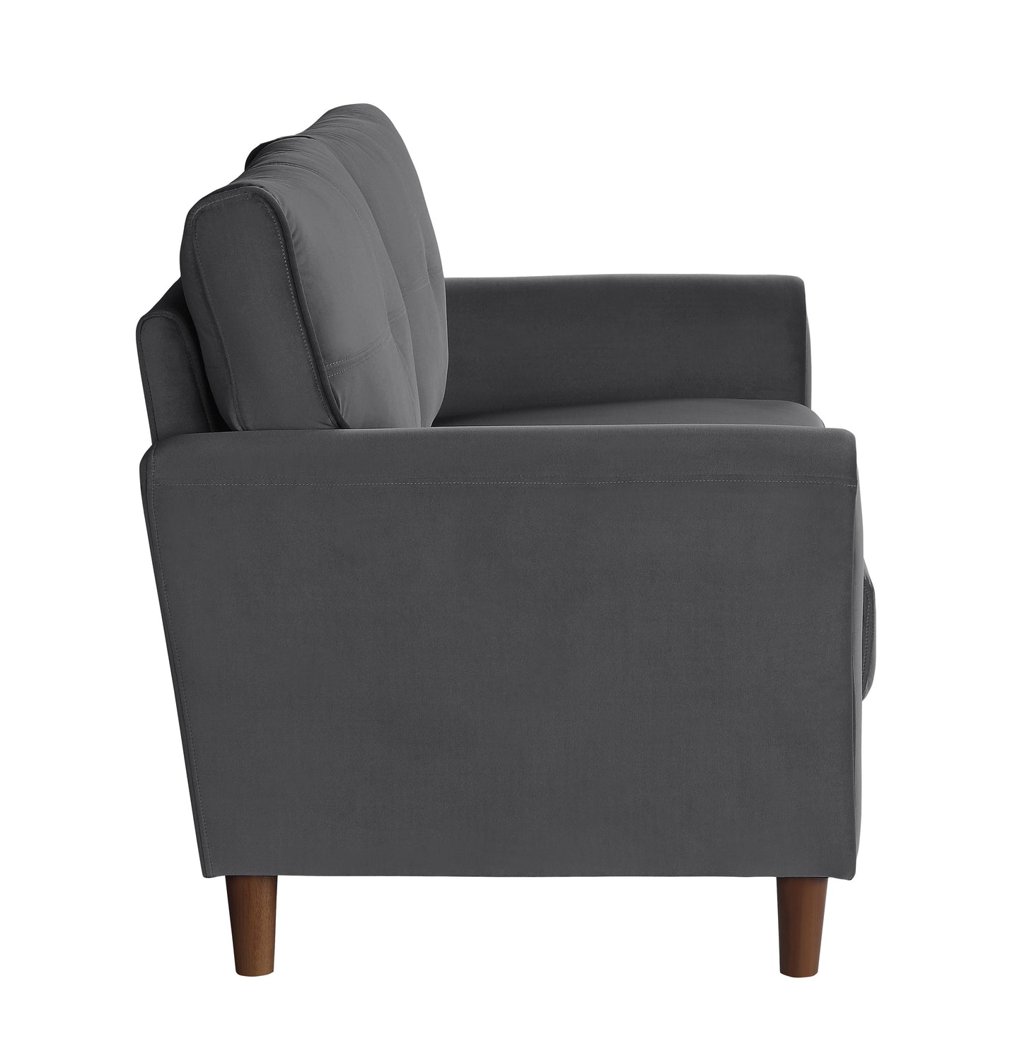 Dark gray velvet sofa with tufted back cushions and tapered wooden legs