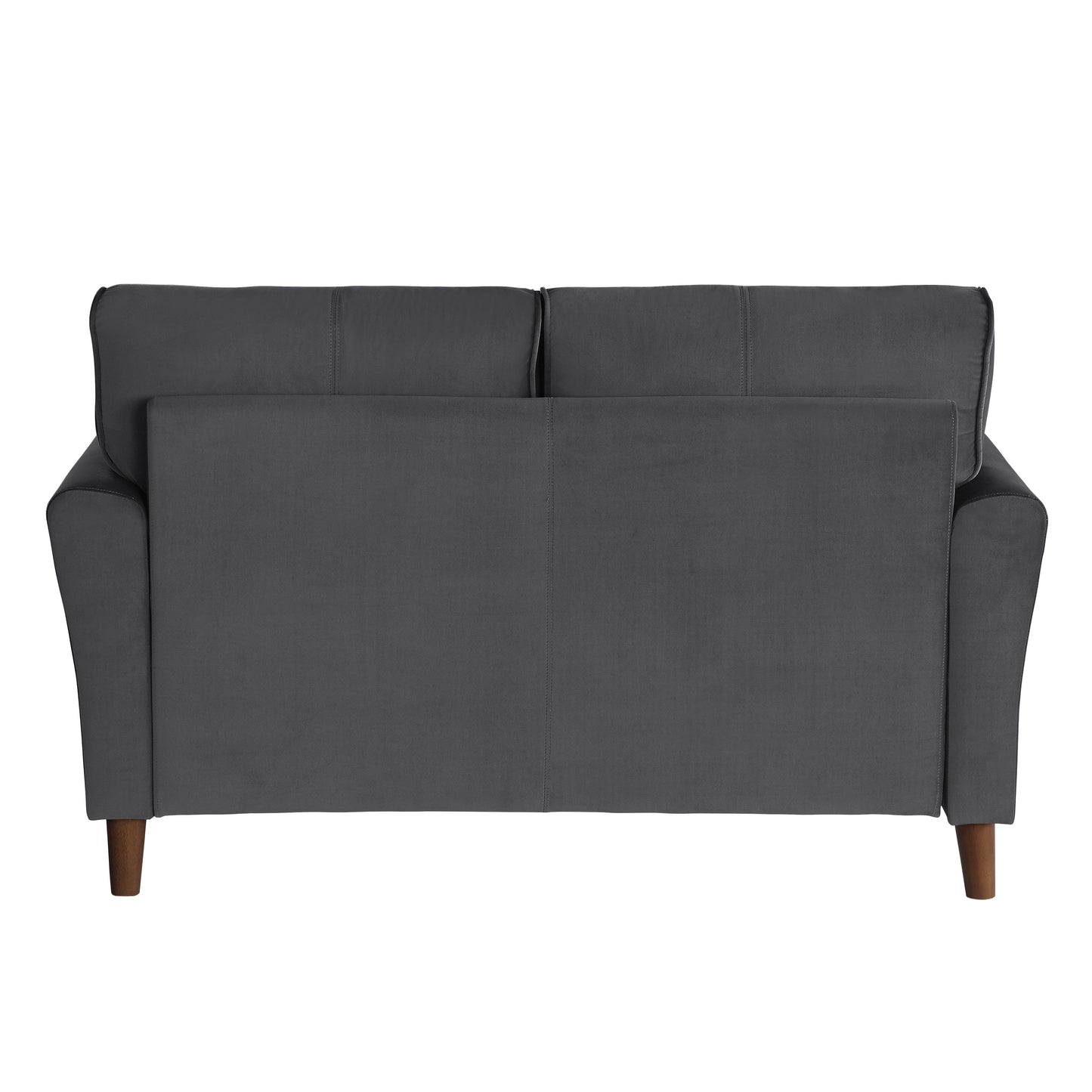 Modern grey velvet sofa with plush cushions and tapered wooden legs perfect for living rooms