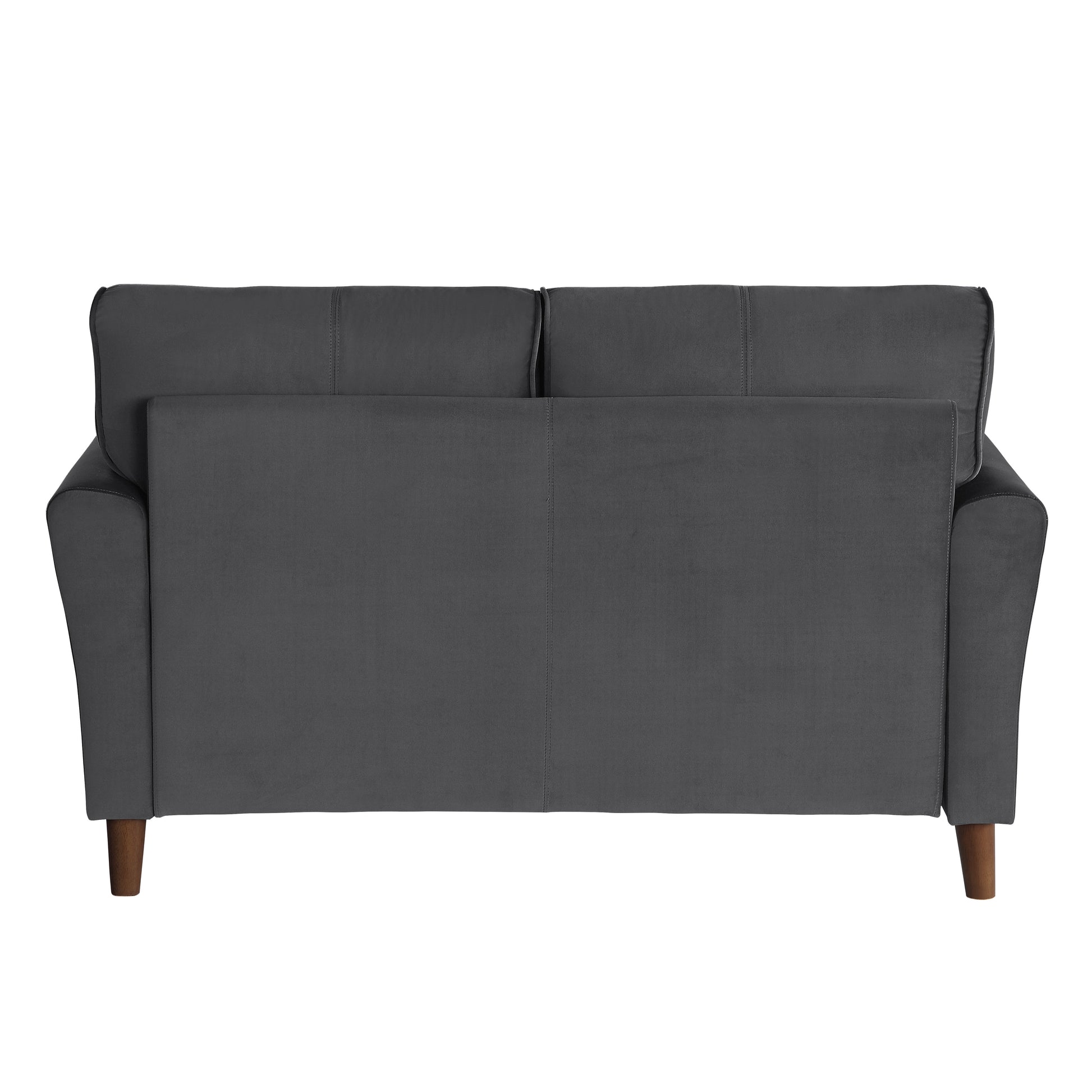 Modern grey velvet sofa with plush cushions and tapered wooden legs perfect for living rooms