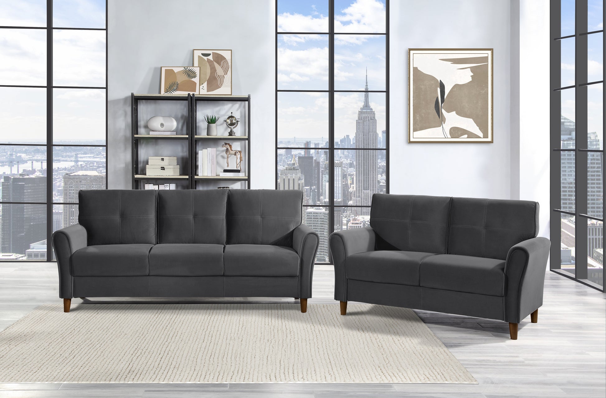 Dark gray fabric threeseater couch with tufted cushions modern style