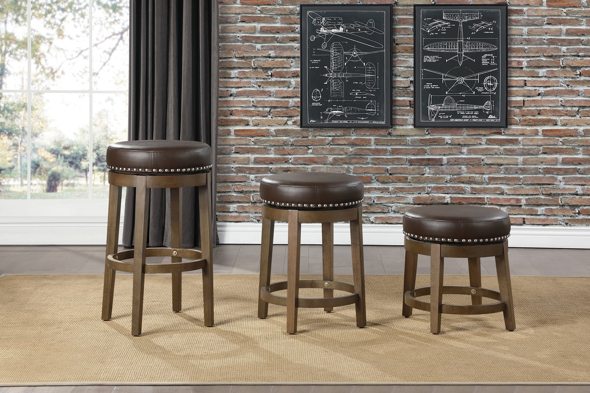Brown faux leather swivel bar stool with nailhead trim and wooden legs