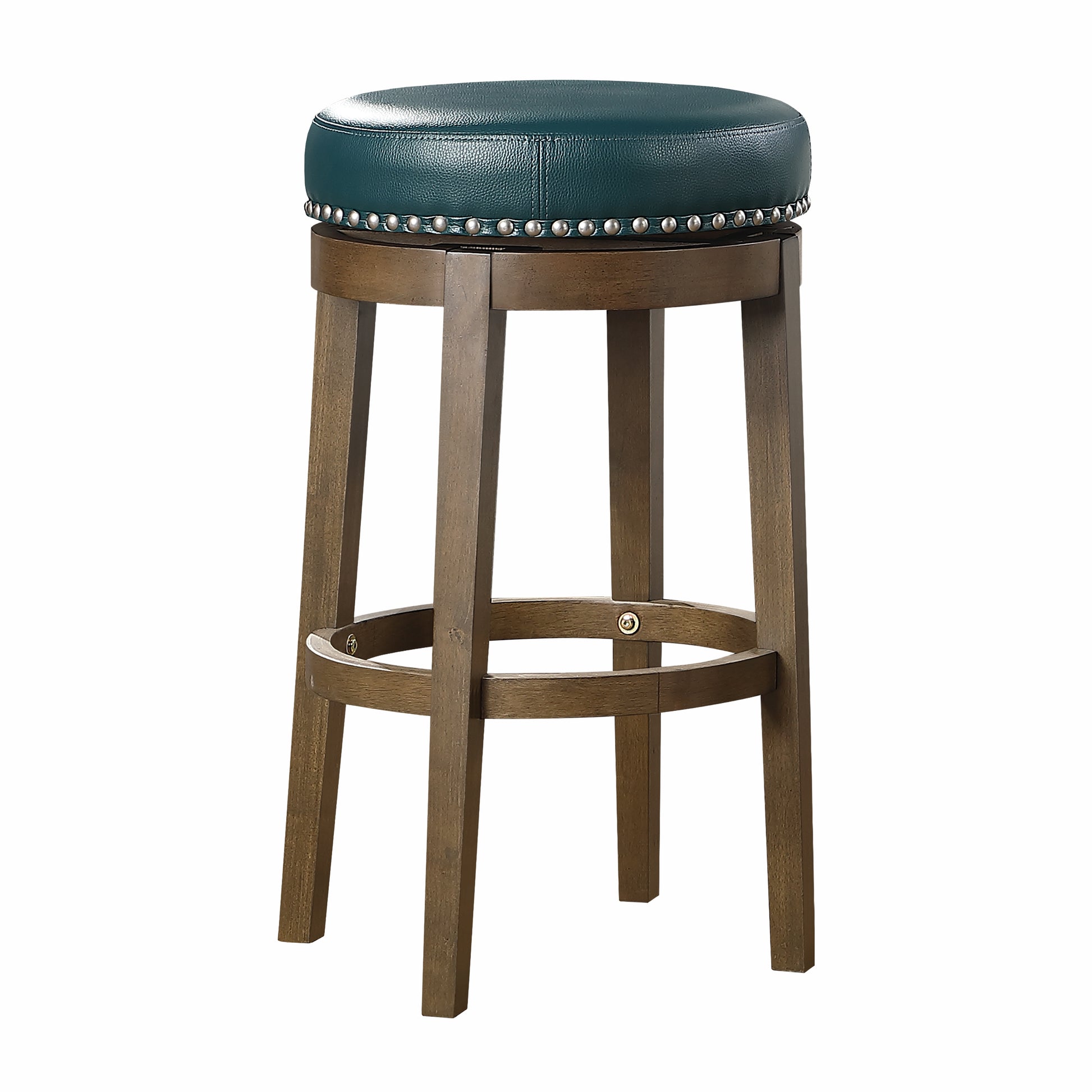 Tufted dark teal leather bar stool with nailhead trim and dark wood legs
