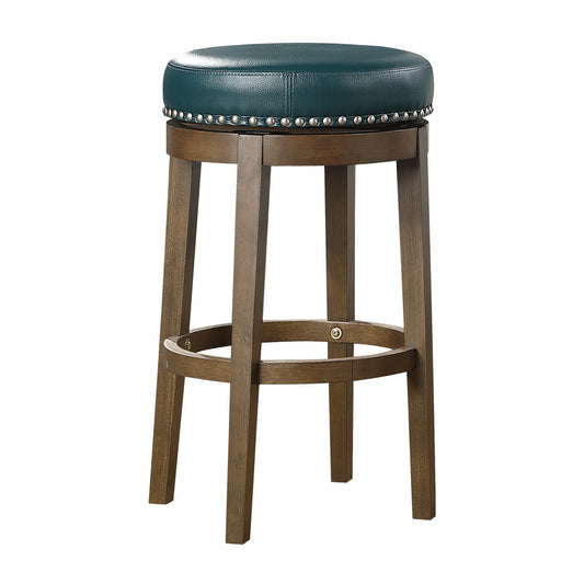Tufted dark teal leather bar stool with nailhead trim and dark wood legs