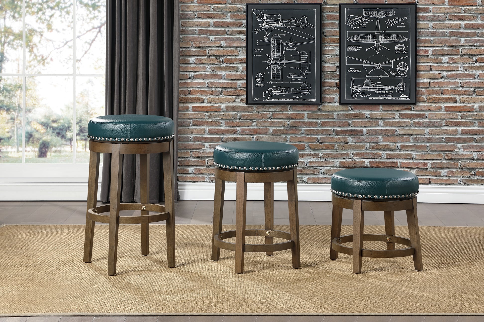 Three teal leather bar stools with studded trim and wooden bases on a woven rug