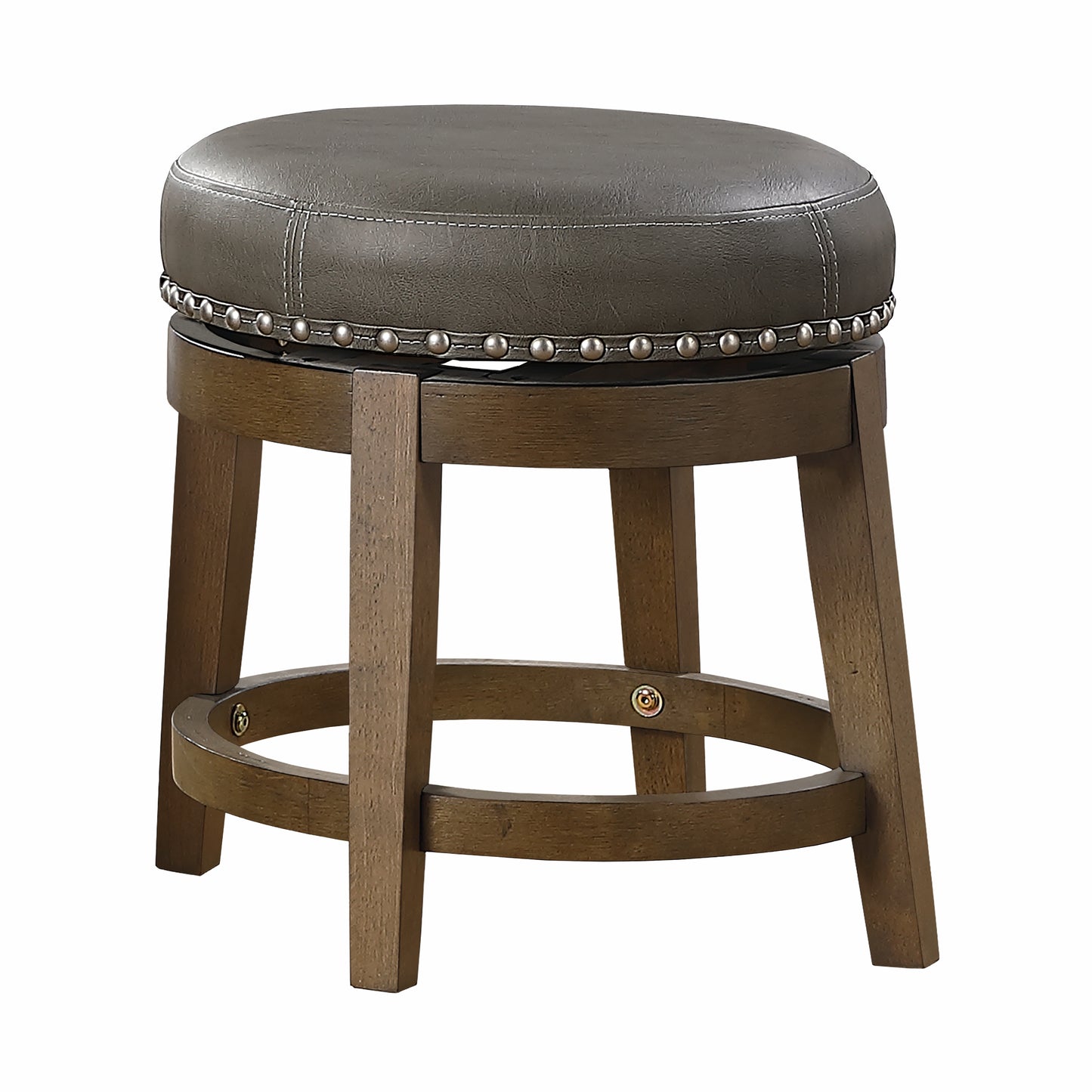 Swivel bar stool with dark gray faux leather seat and silver nailhead trim