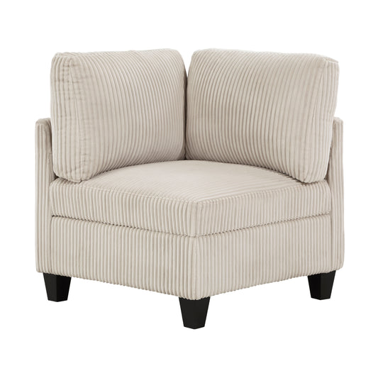 Cream corduroy corner sofa chair with plush cushions and dark wooden legs