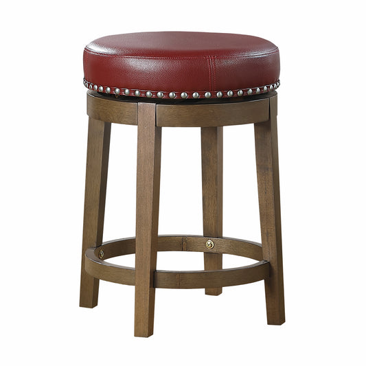 Rustic brown wood bar stool with cushioned burgundy leather seat and silver nailhead trim