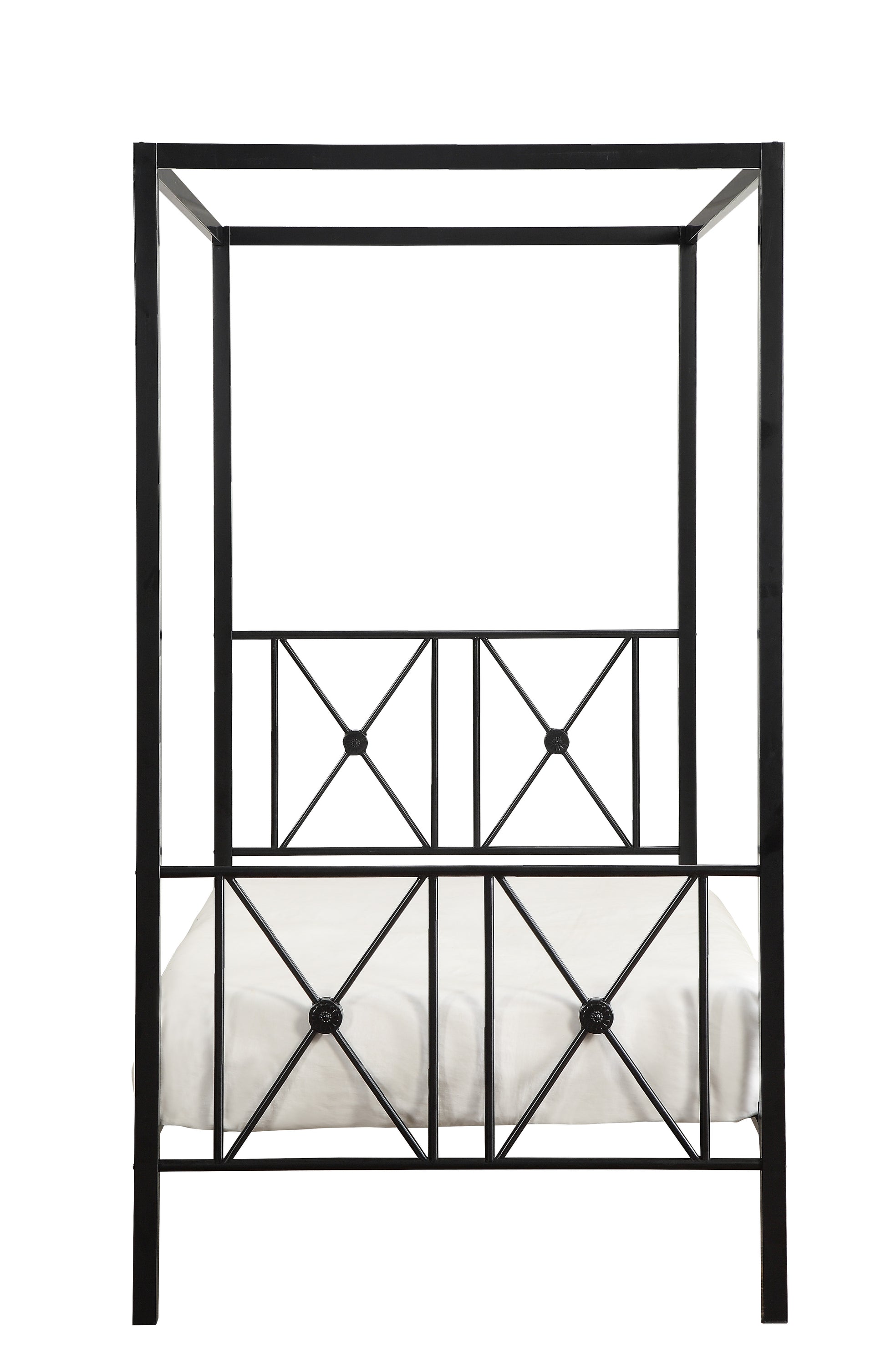 Black metal fourposter bed frame with white duvet featuring geometric headboard detail