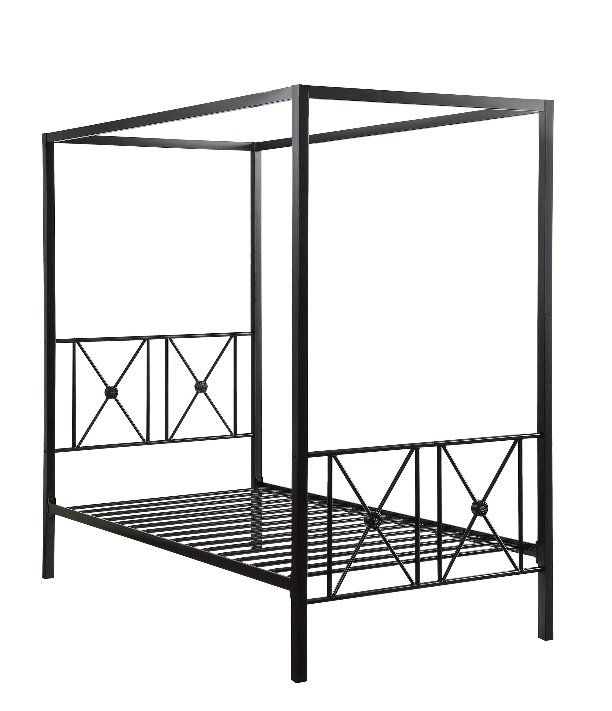 Black metal canopy bed frame with decorative headboard details