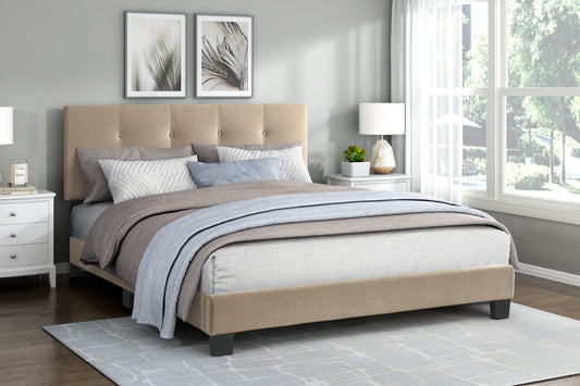 TREATLIFE HOME Queen Platform Bed with Adjustable Height Headboard, Light Brown Velvet Upholstery, Solid Wood Frame, Button-Tufted Design
