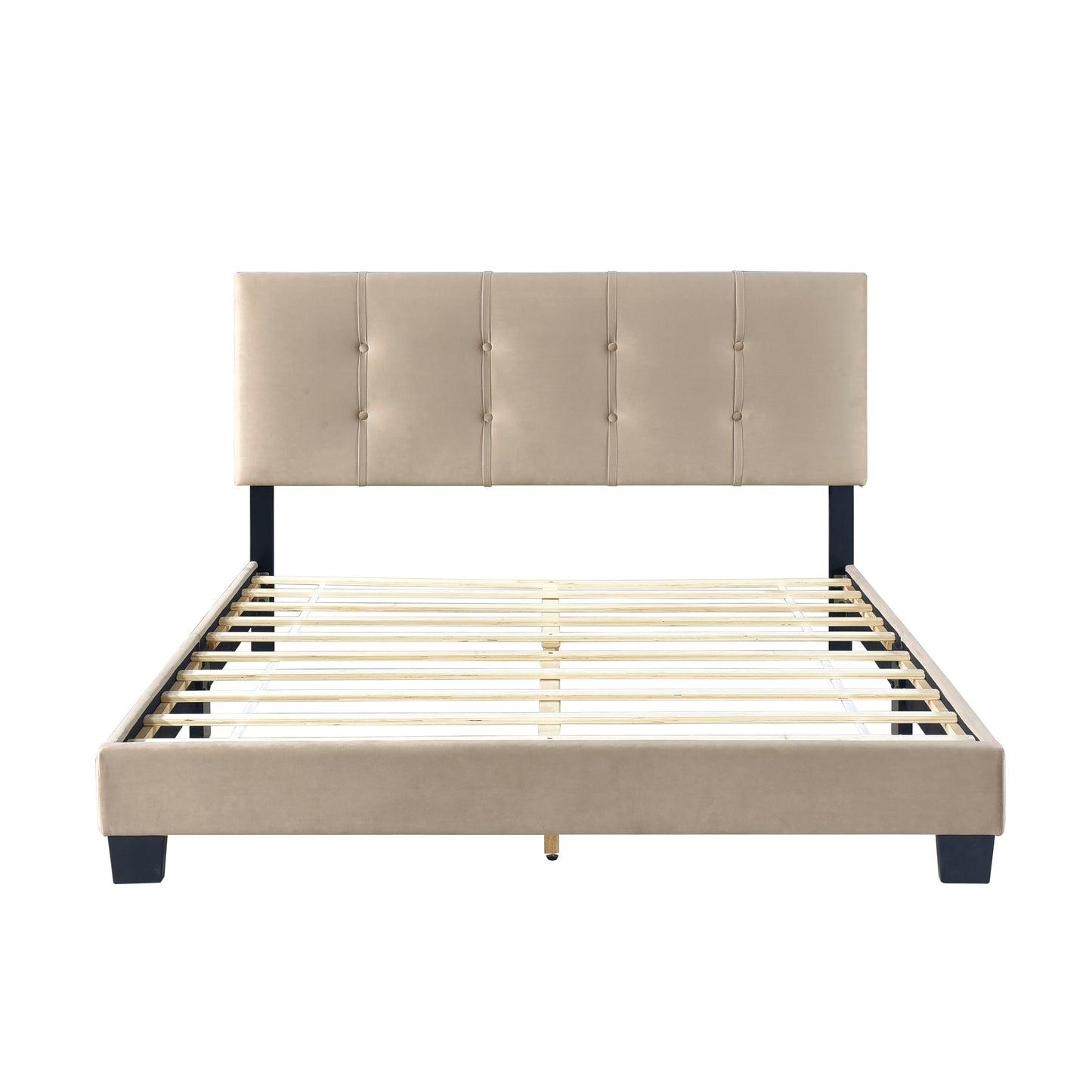 Beige velvet upholstered bed frame with tufted headboard and wooden slats