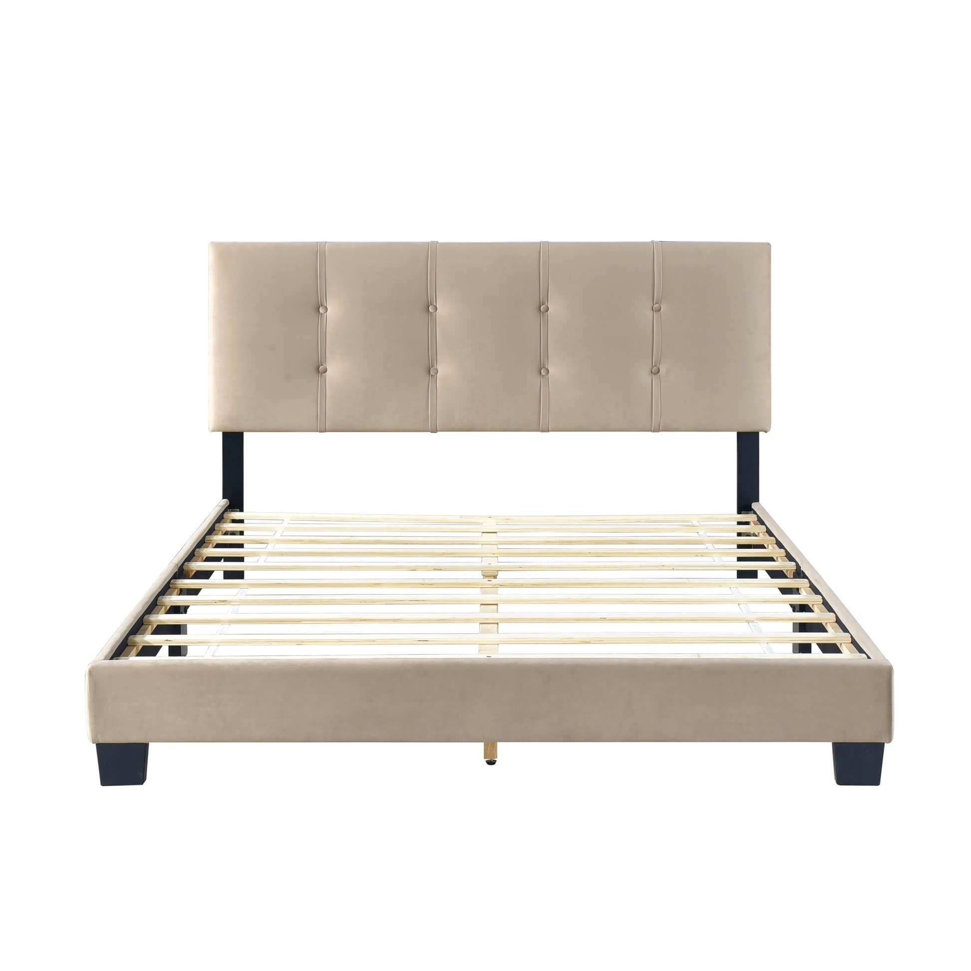 Beige velvet upholstered bed frame with tufted headboard and wooden slats