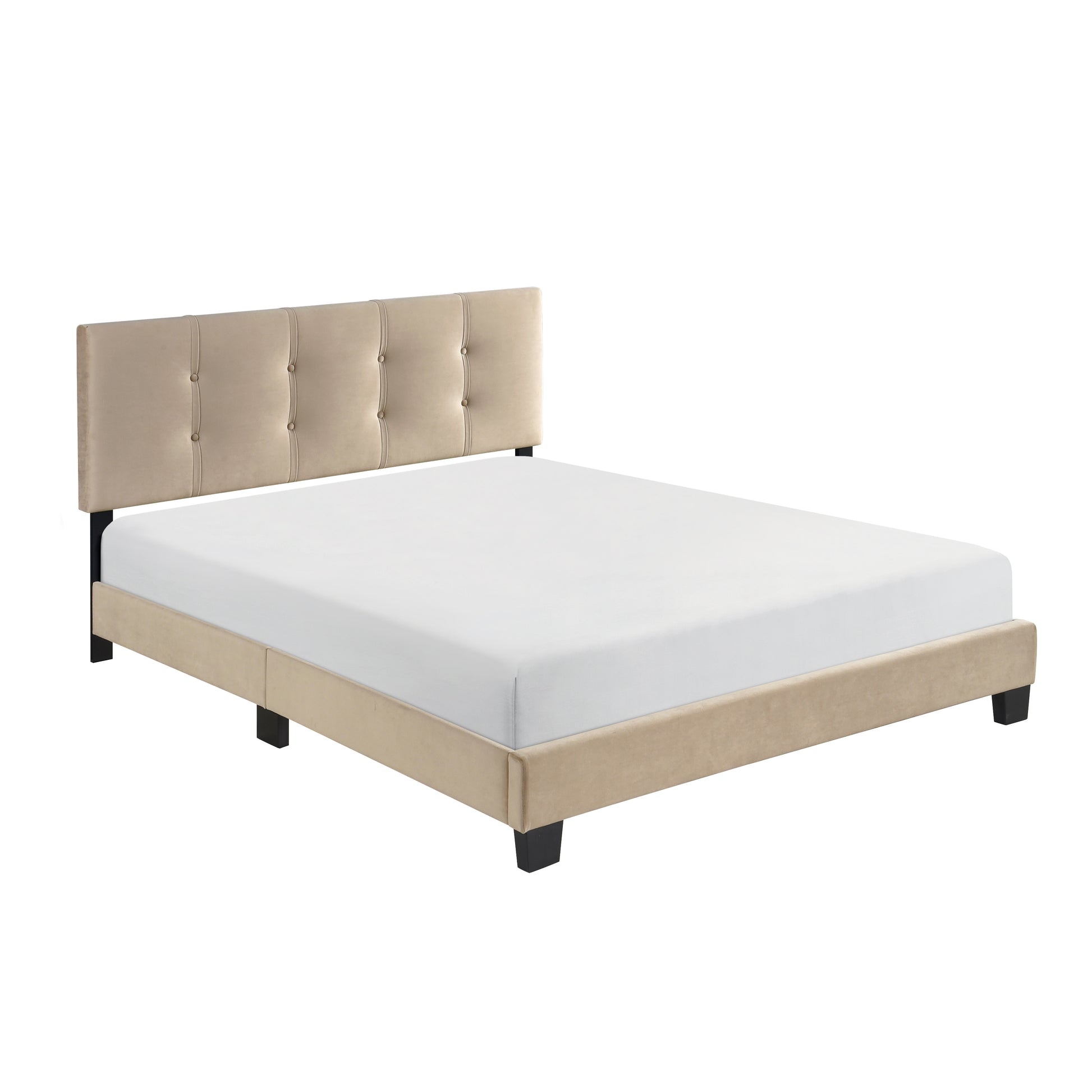Tufted beige velvet queen bed frame with a modern minimalist design and black legs