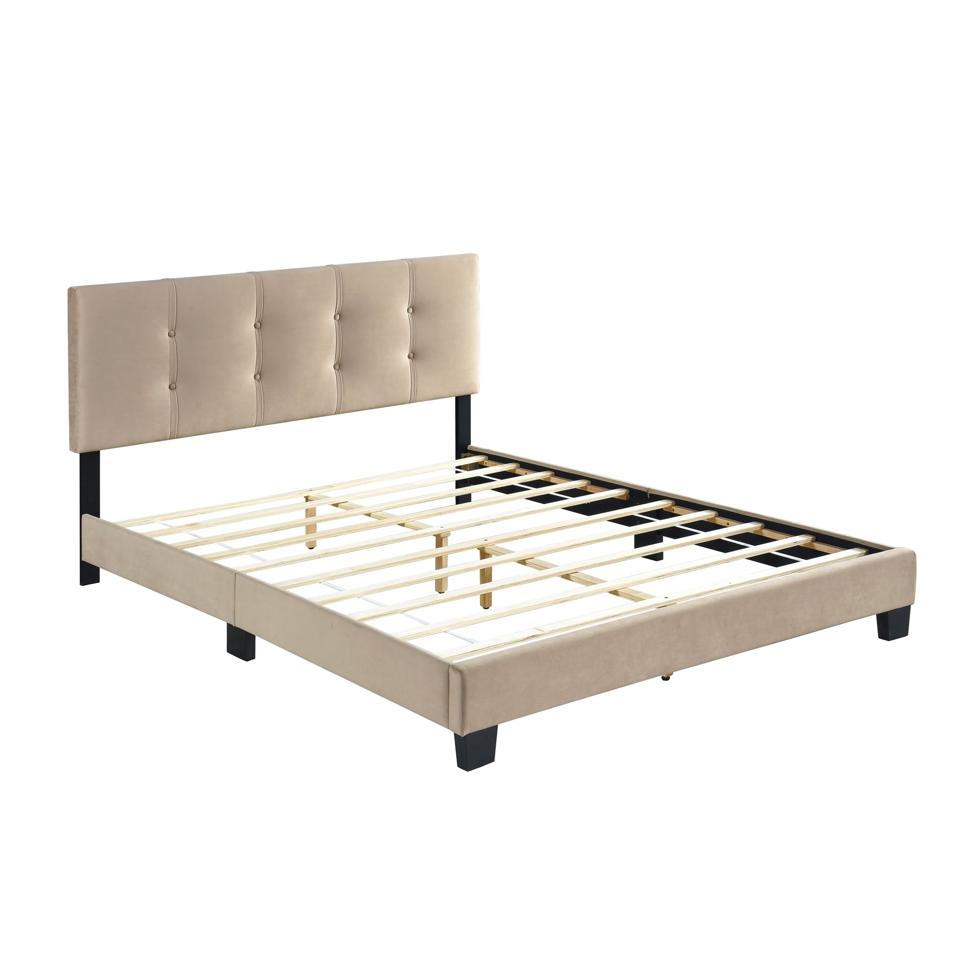 Beige upholstered platform bed frame with tufted headboard and wooden slats queen size