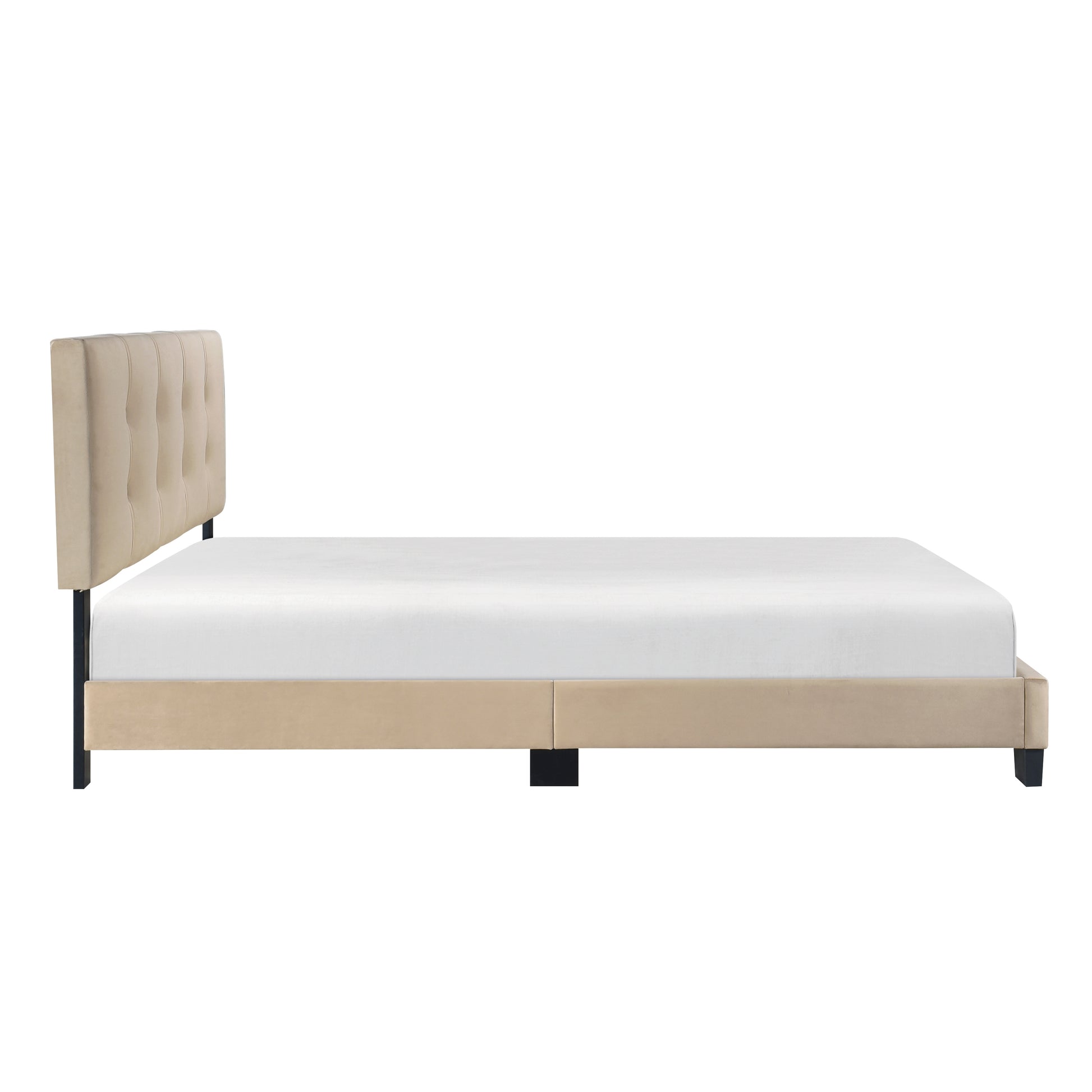 Queen size beige velvet bed frame with button tufted headboard and white mattress