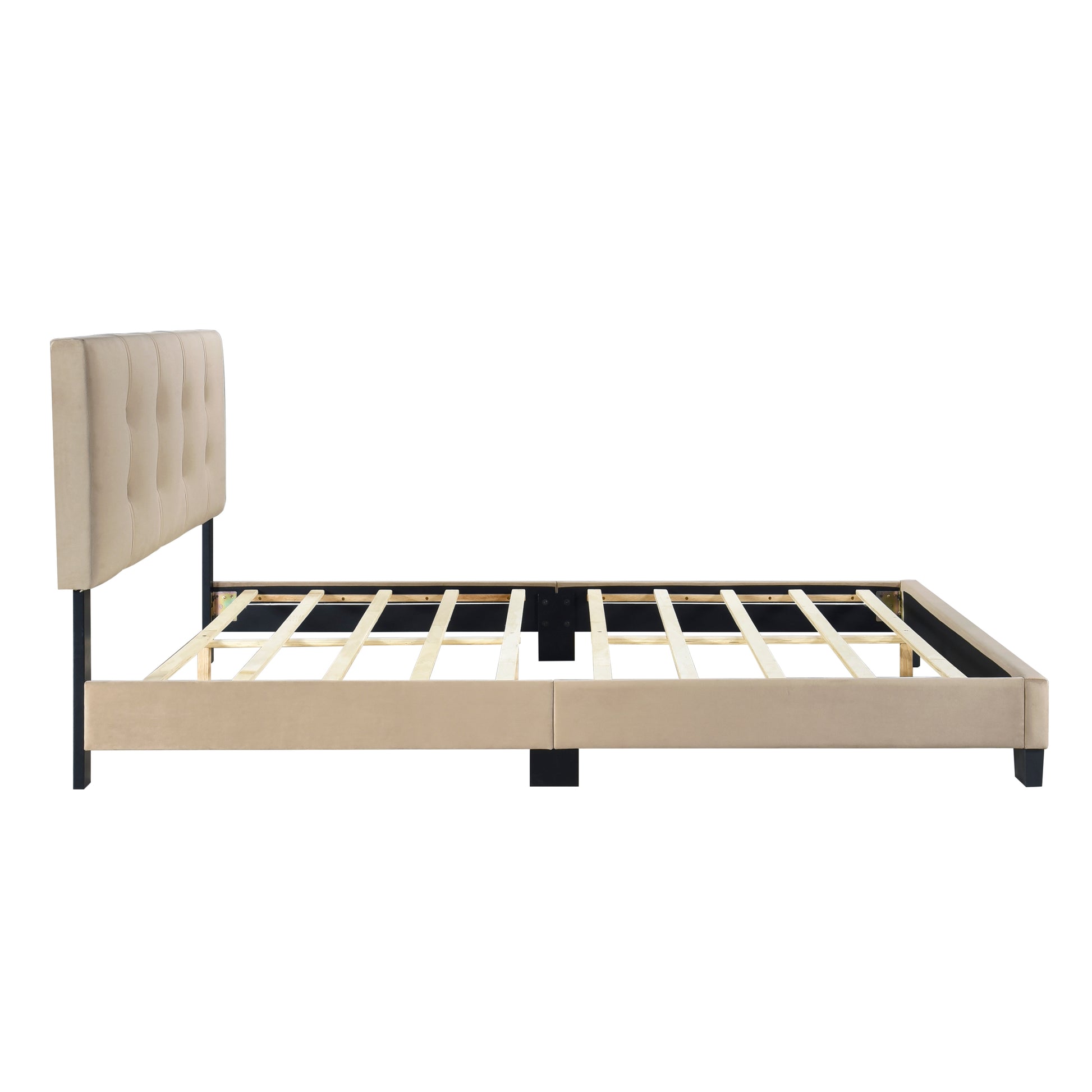 Tufted beige velvet bed frame with slatted support minimalist design queen size