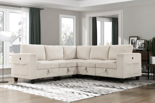 Cream corduroy sectional sofa with storage and side pockets ideal for modern living rooms