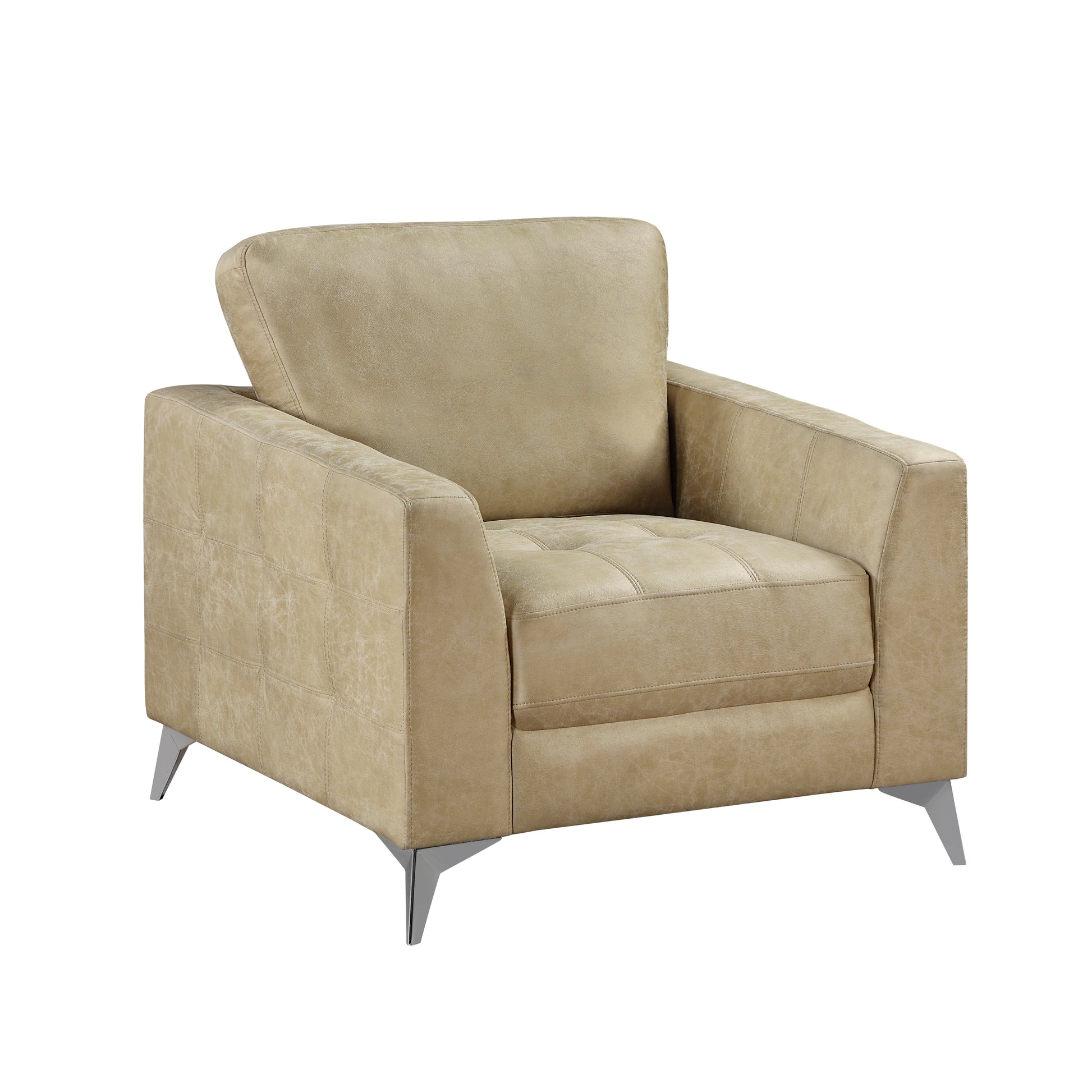 Tan tufted leather armchair with modern metal legs perfect accent chair
