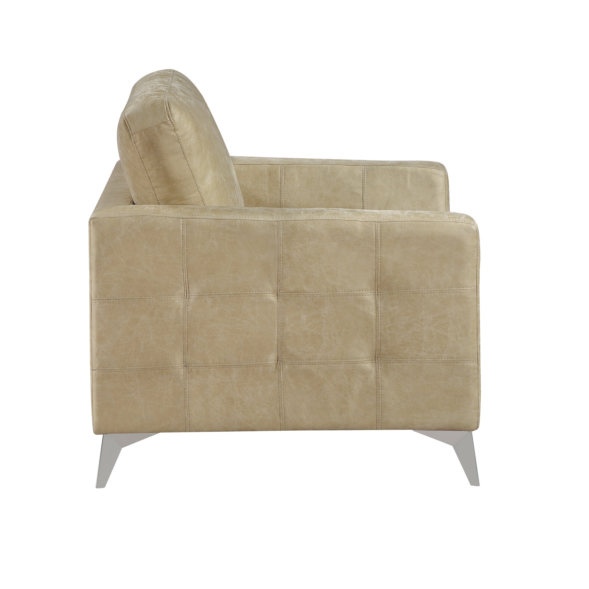 Beige tufted leather armchair with modern silver legs perfect for living rooms