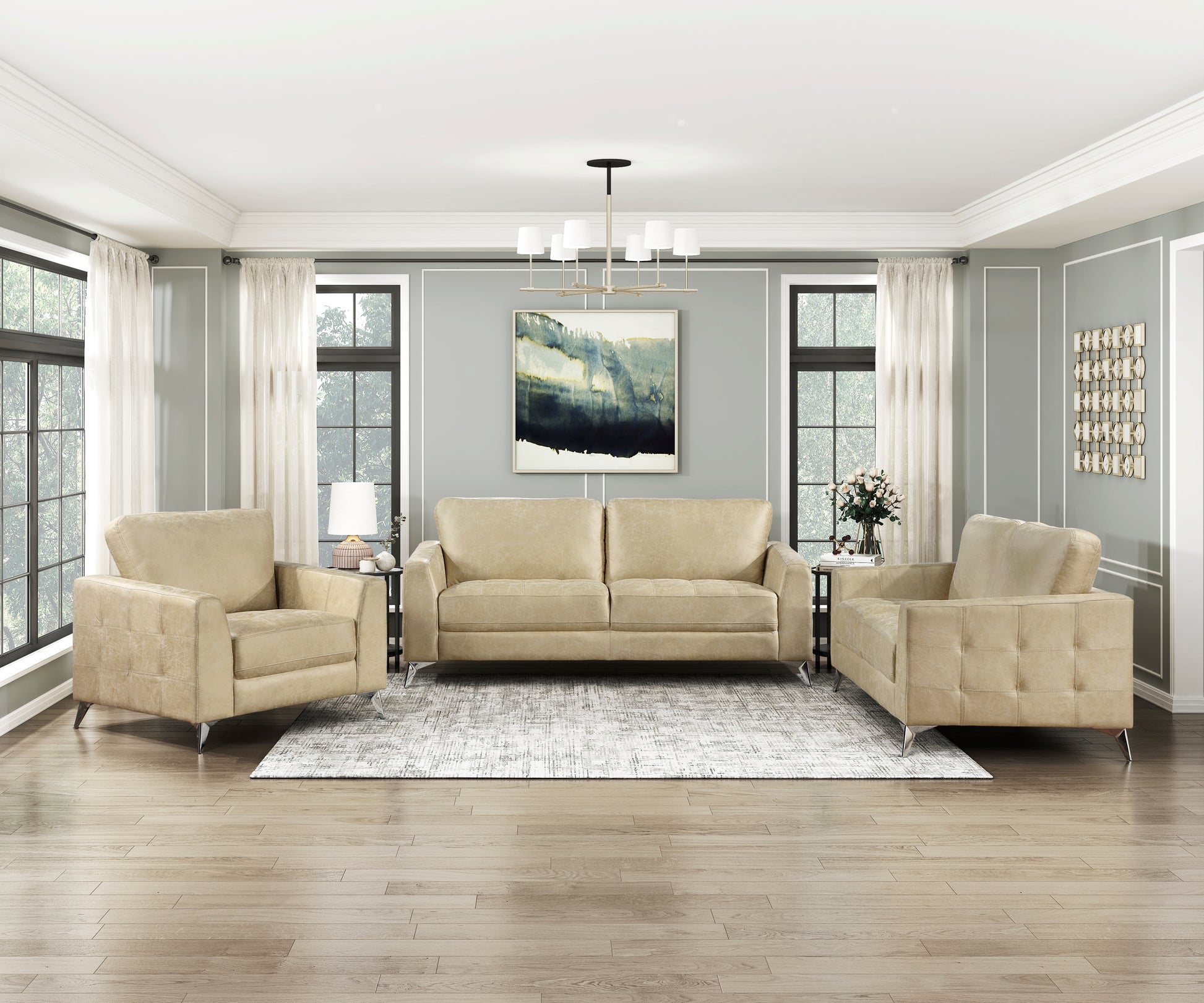 Beige leather sofa with tufted detailing and chrome legs perfect for a modern living room