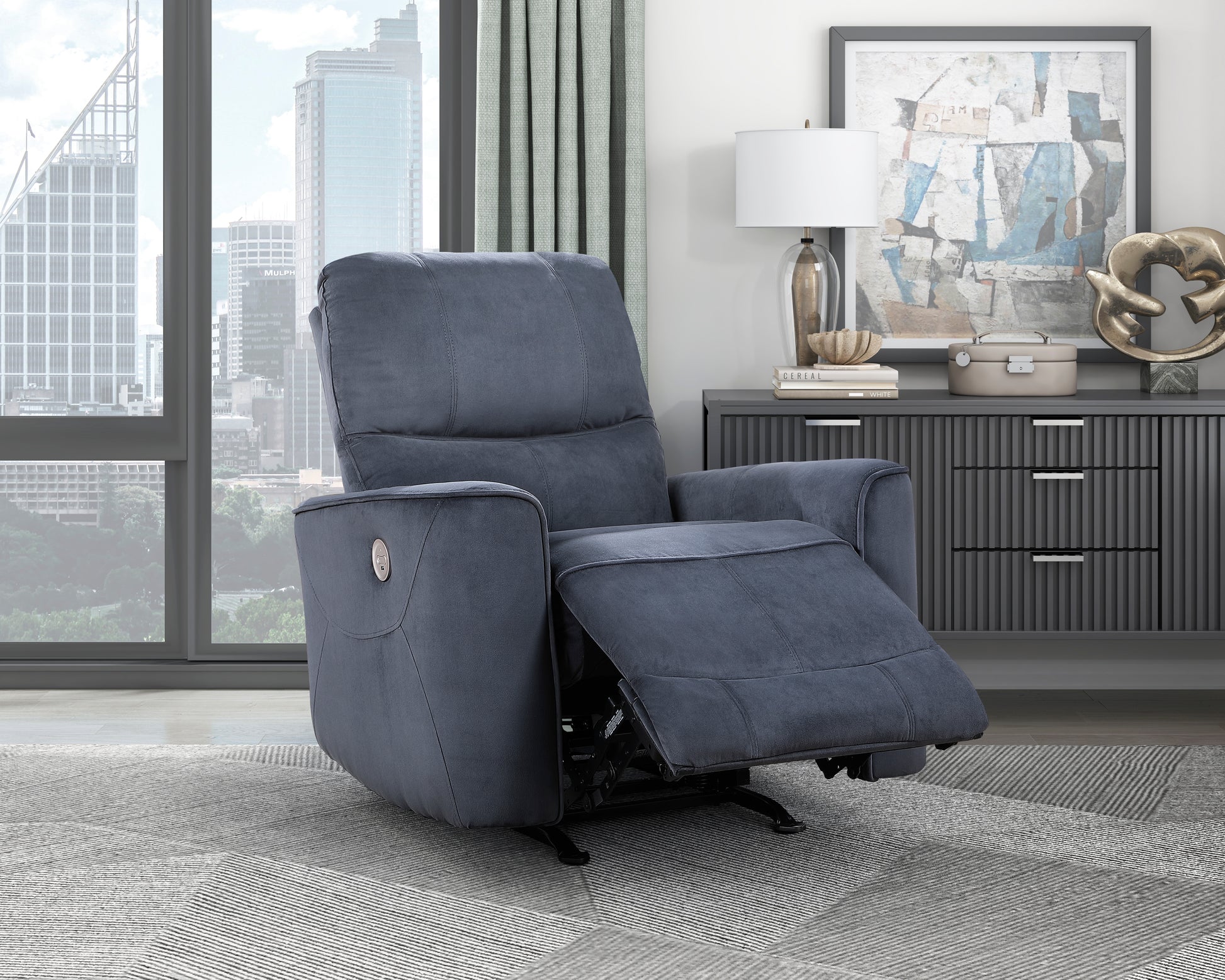 Modern gray power recliner with plush suede upholstery and integrated control panel
