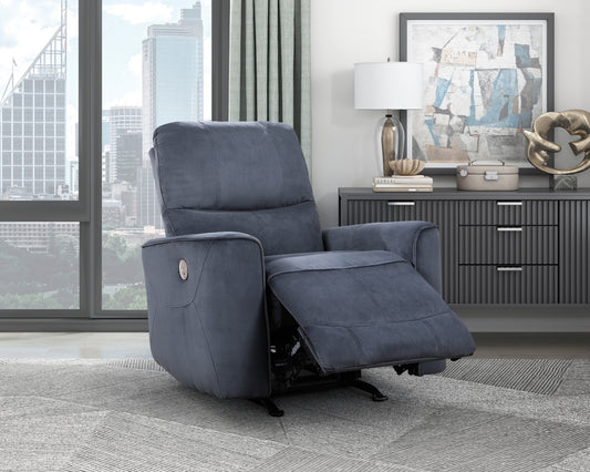 Modern gray power recliner with plush suede upholstery and integrated control panel