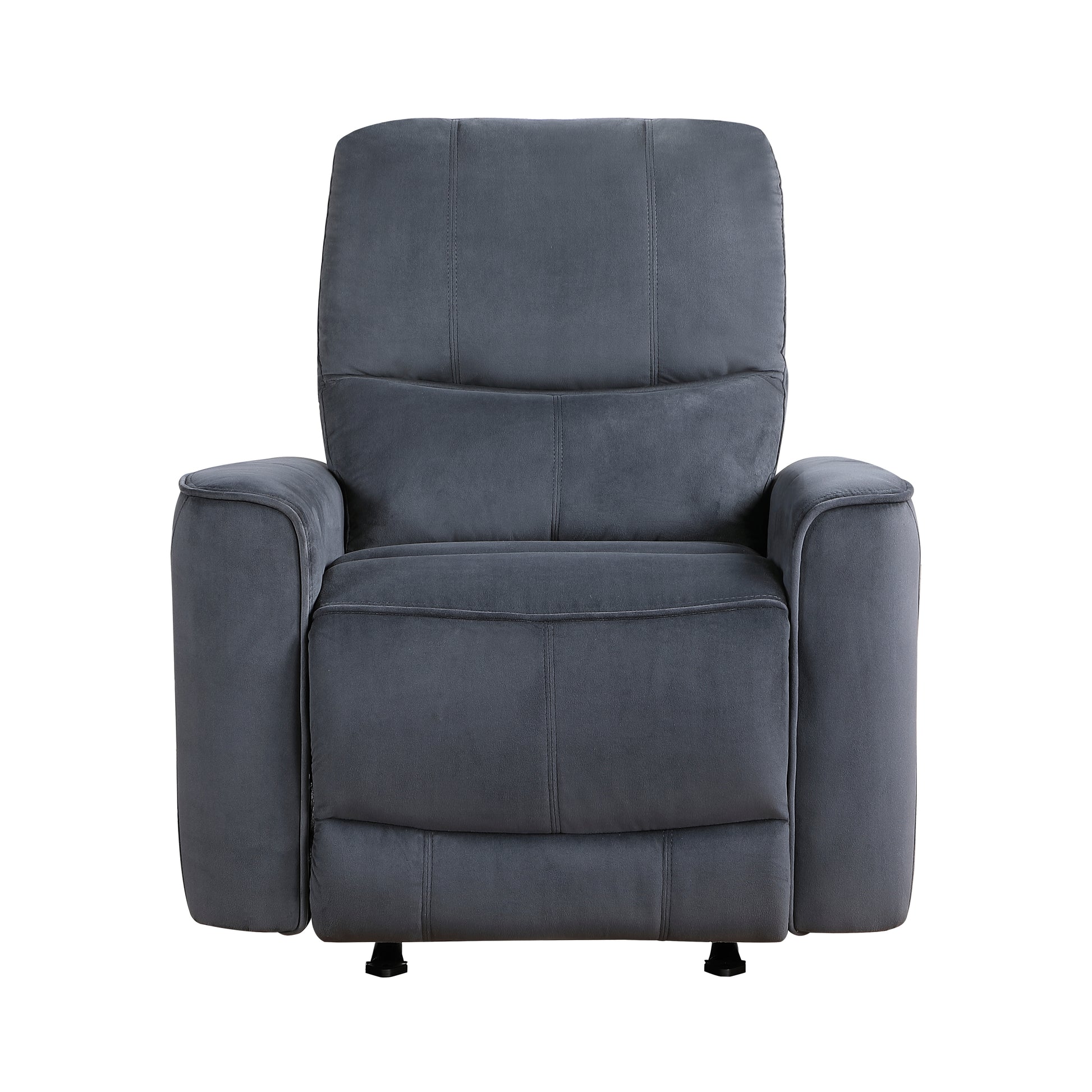 Modern gray fabric recliner chair with plush cushioning and stitched details