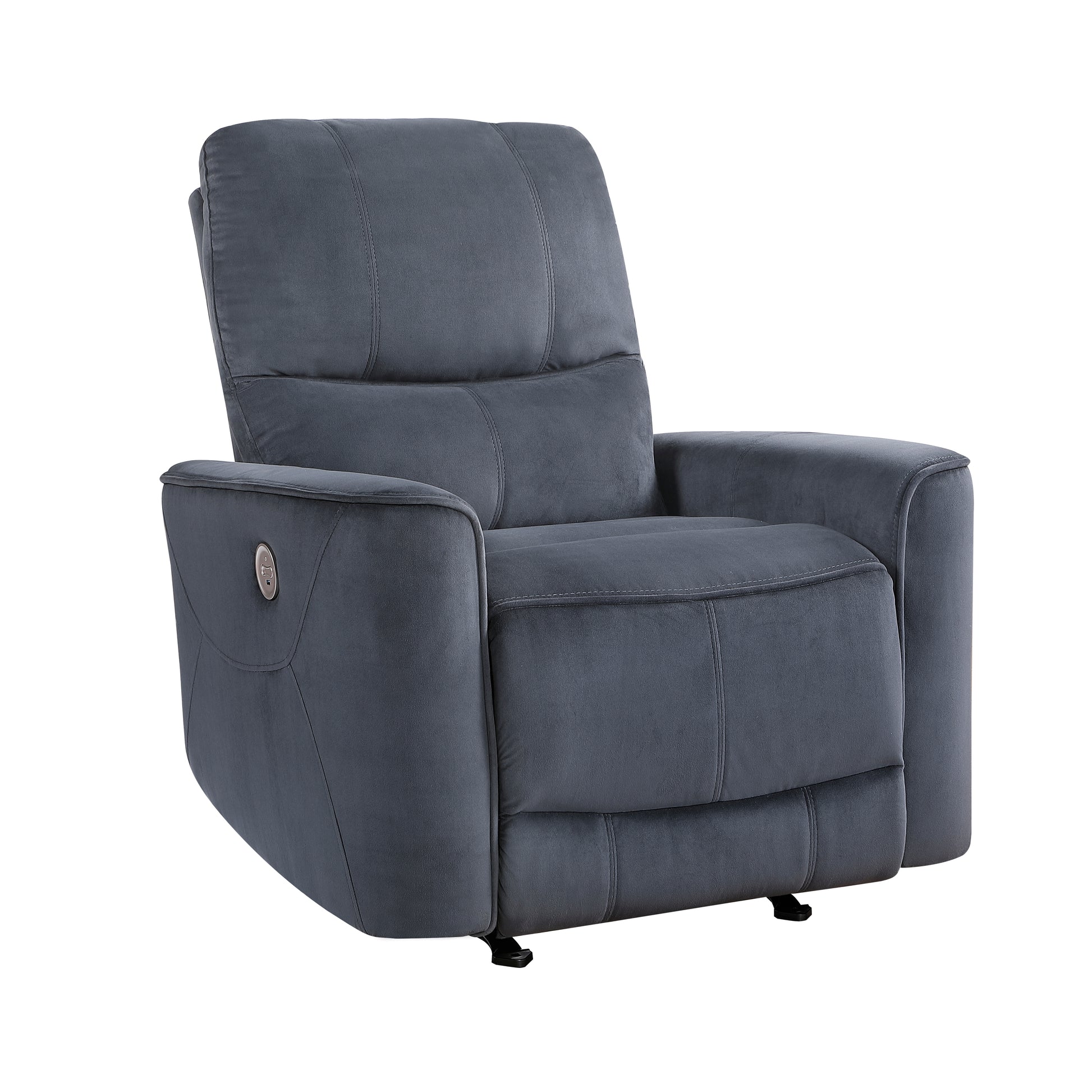 Dark gray velvet power recliner chair with padded headrest and armrests
