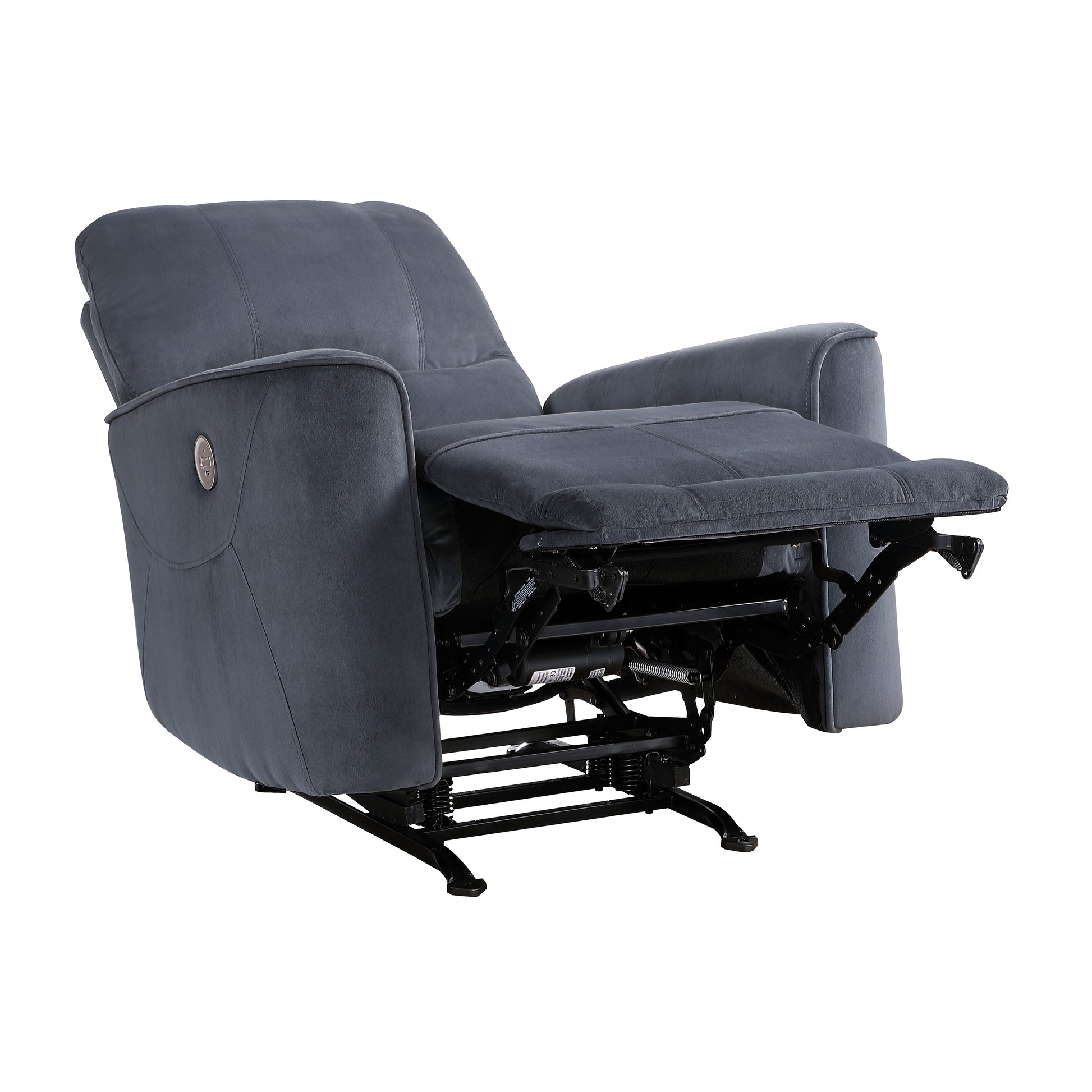 Comfortable gray velvet power recliner chair with extended footrest and side control panel