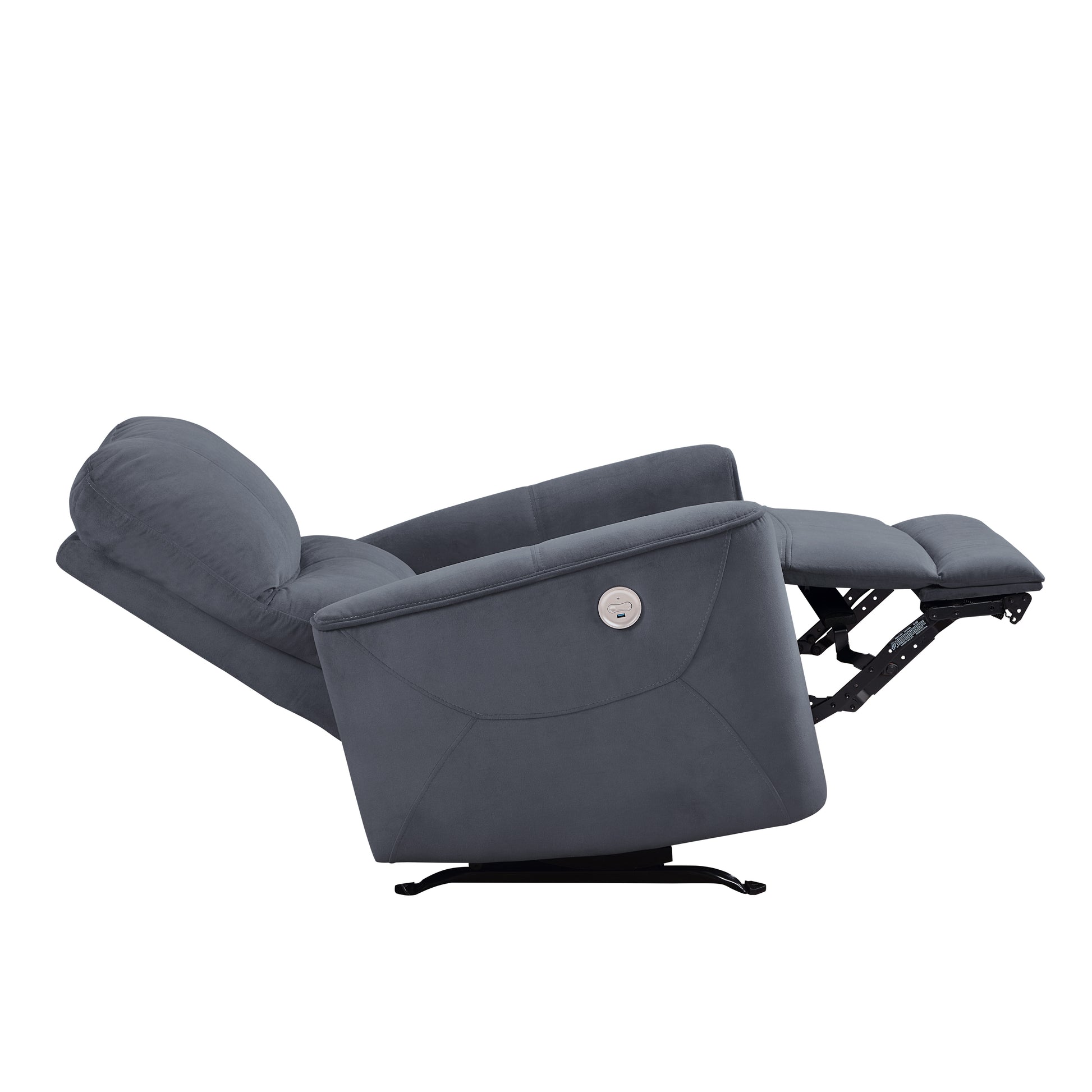 Dark gray fabric power recliner with extended footrest and USB port