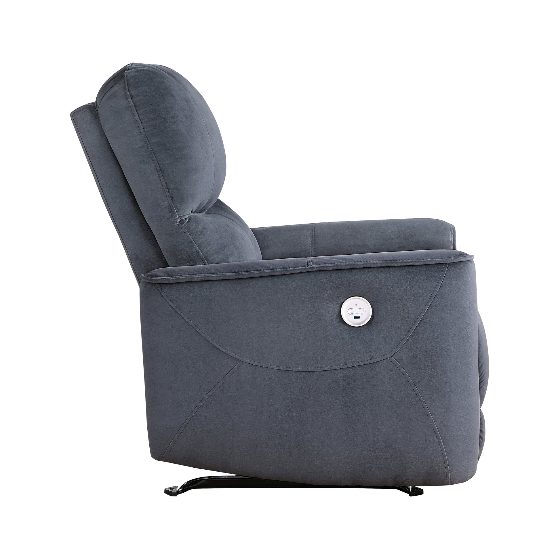 Dark gray velvet recliner chair with integrated USB charging port