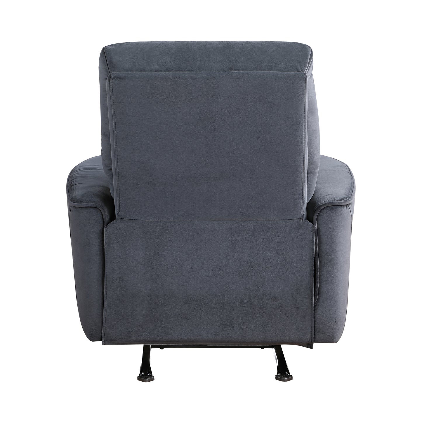 Back view of a dark gray fabric recliner chair with plush cushioning and metal legs