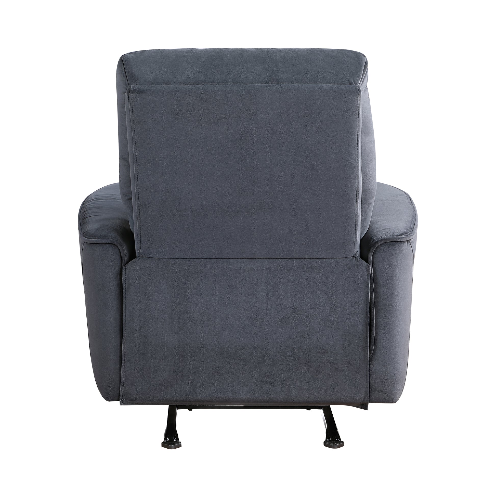 Back view of a dark gray fabric recliner chair with plush cushioning and metal legs