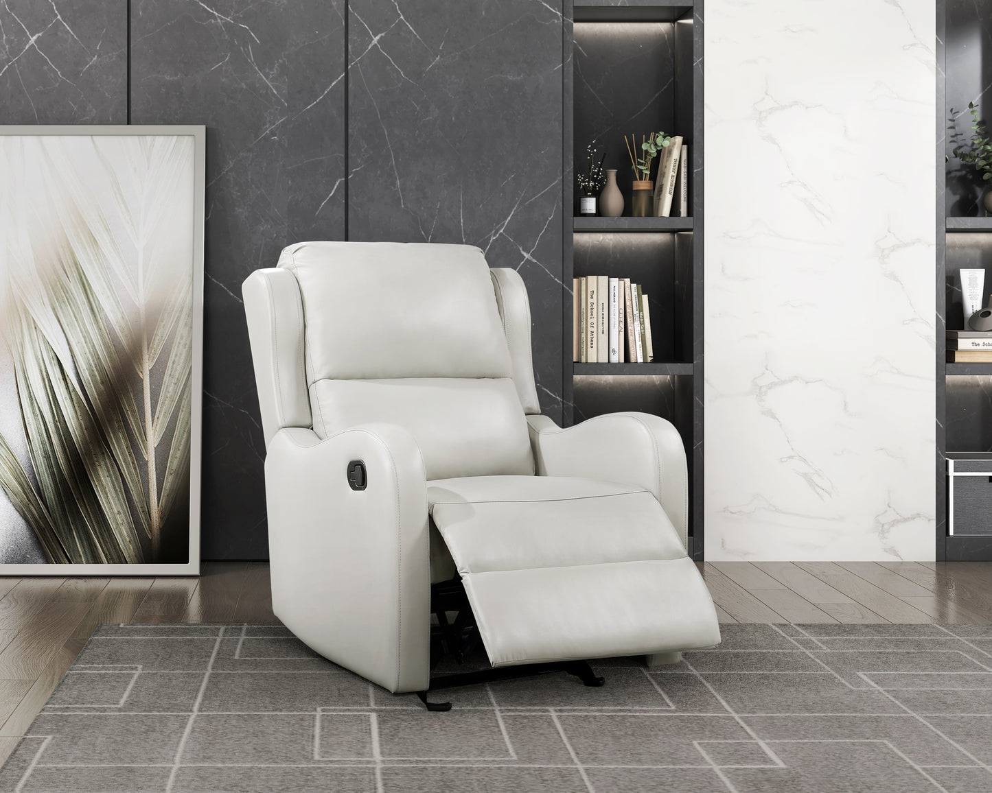 Comfortable white leather recliner chair with a reclining footrest in a modern living room setting