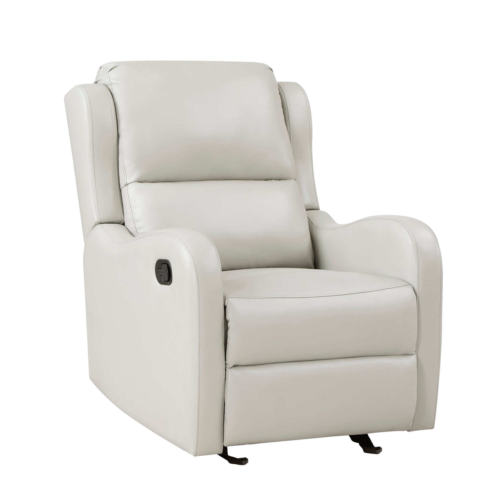 Comfortable light gray leather recliner with plush cushioning and contemporary design