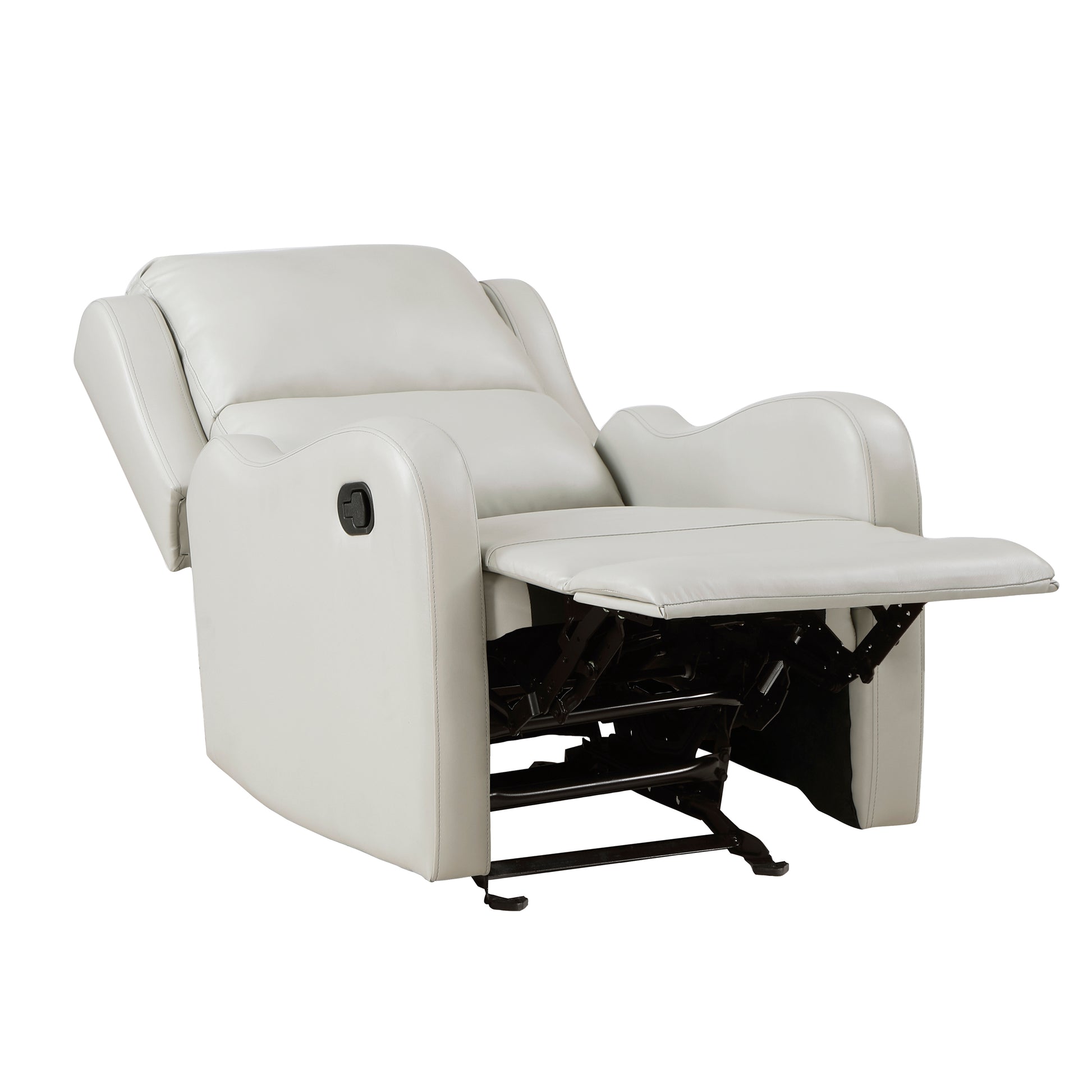 Light gray faux leather recliner chair with extended footrest for ultimate comfort