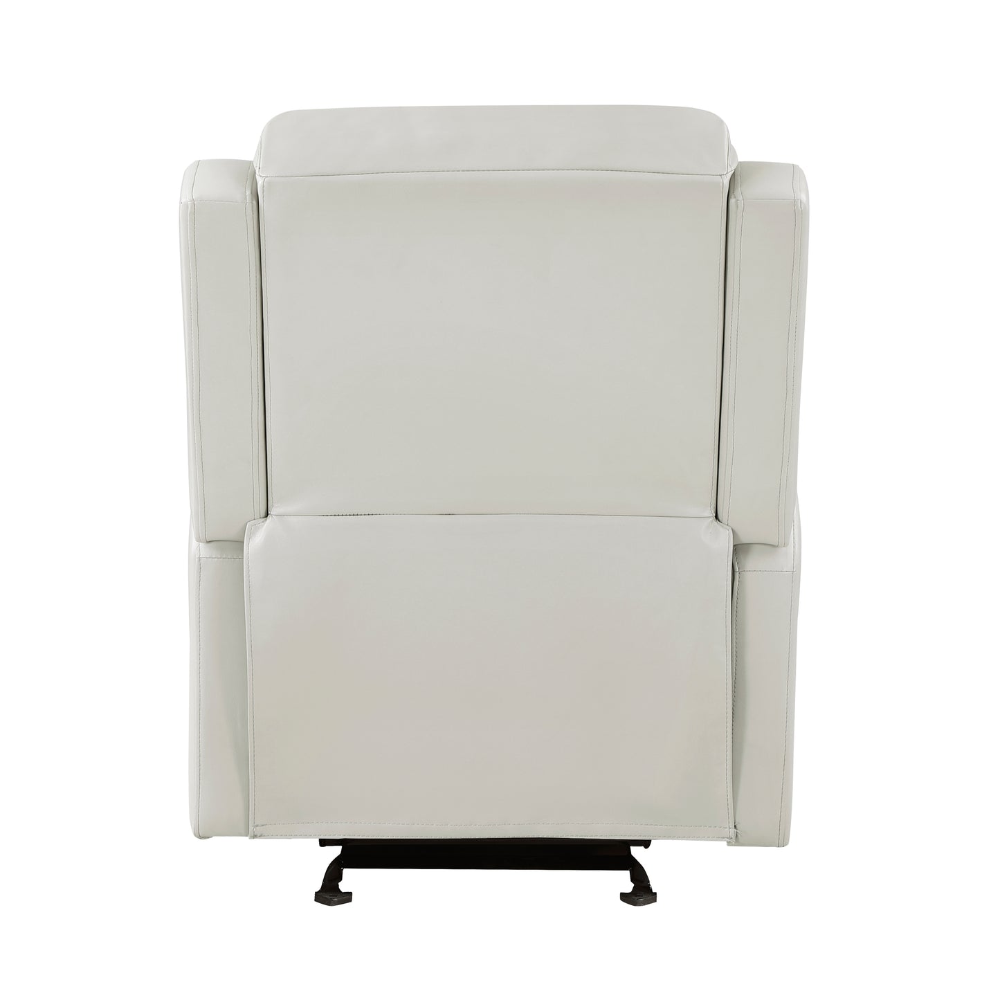 Back view of a white faux leather recliner chair with detailed stitching and a metal base