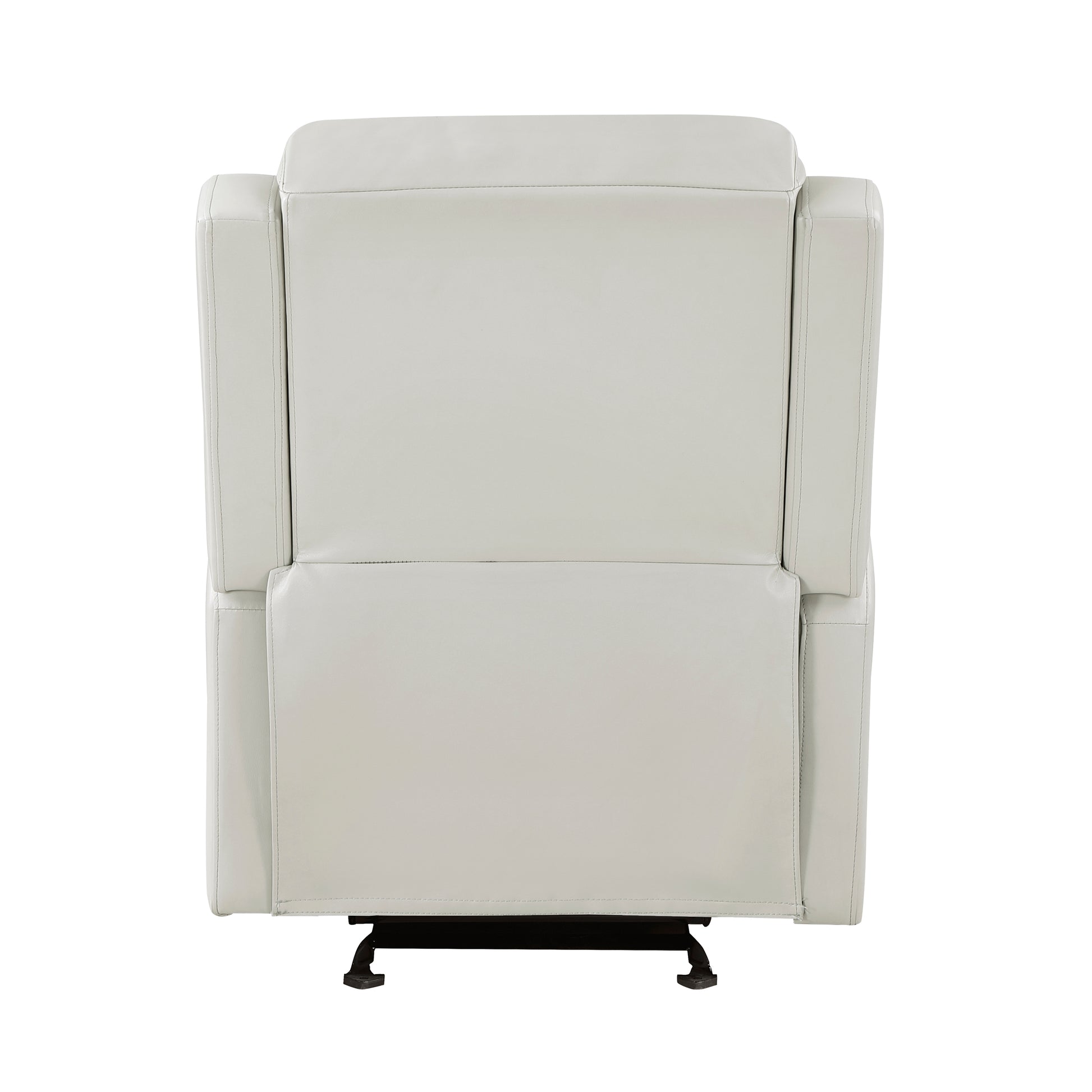 Back view of a white faux leather recliner chair with detailed stitching and a metal base