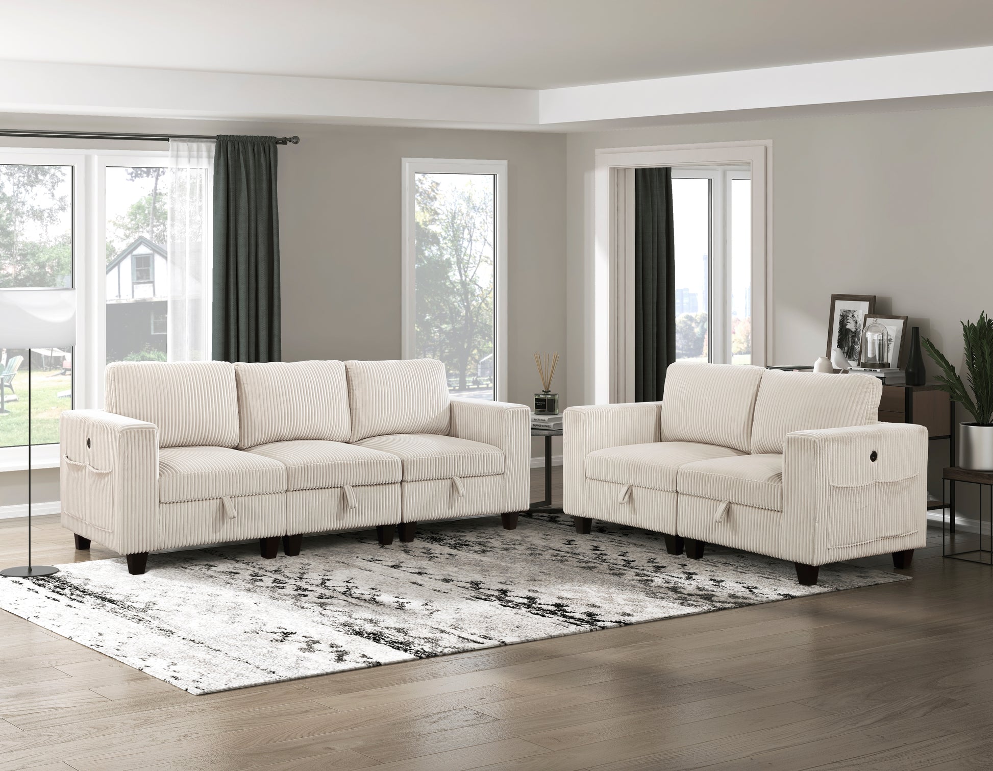 Cream corduroy sofa set with a contemporary design featuring side storage pockets for modern living rooms