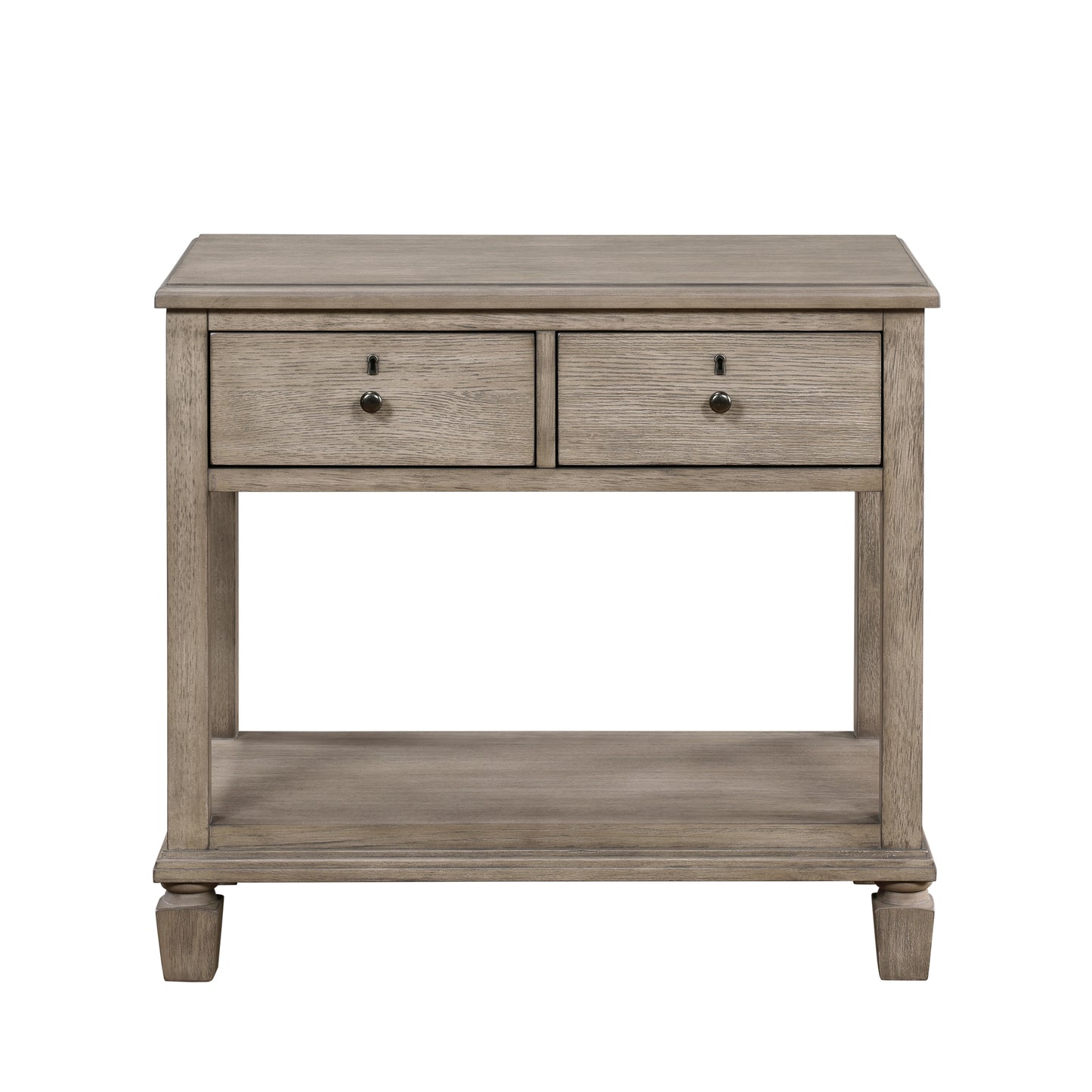 Rustic grey washed wood end table with two drawers and a bottom shelf