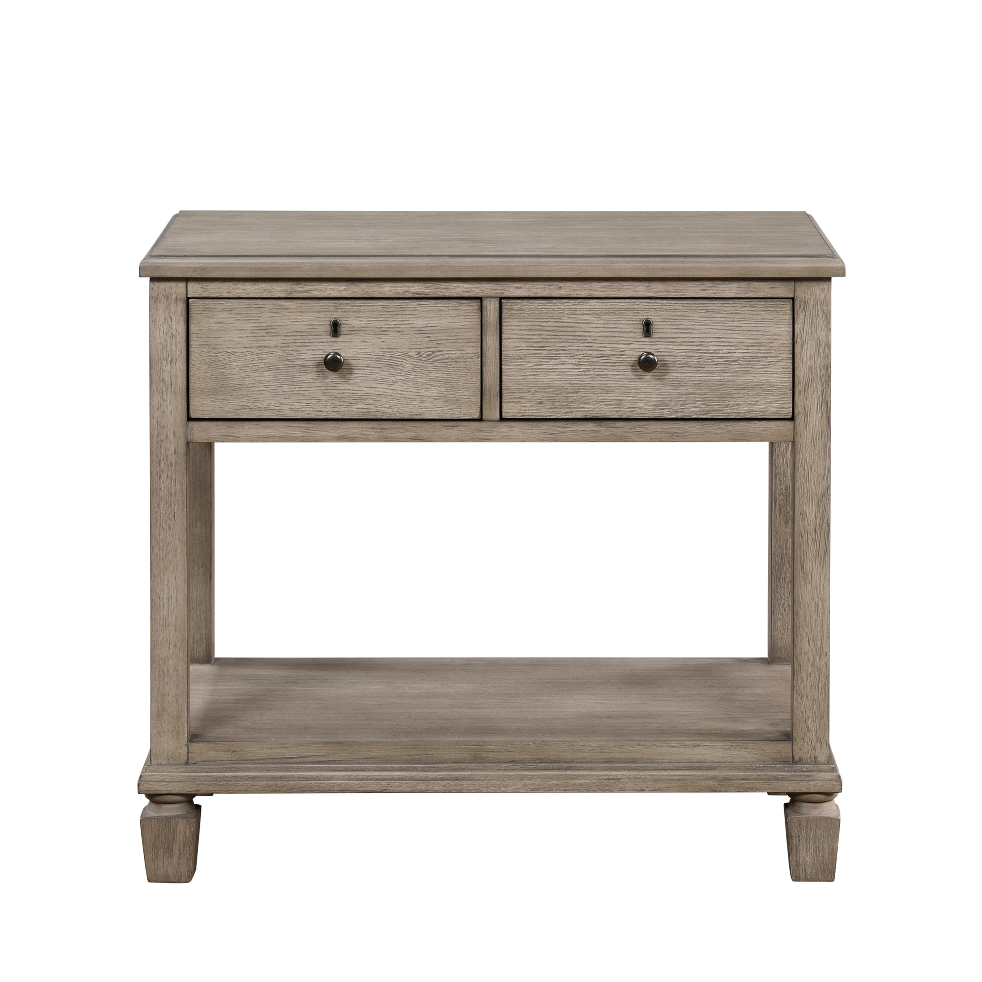 Rustic grey washed wood end table with two drawers and a bottom shelf