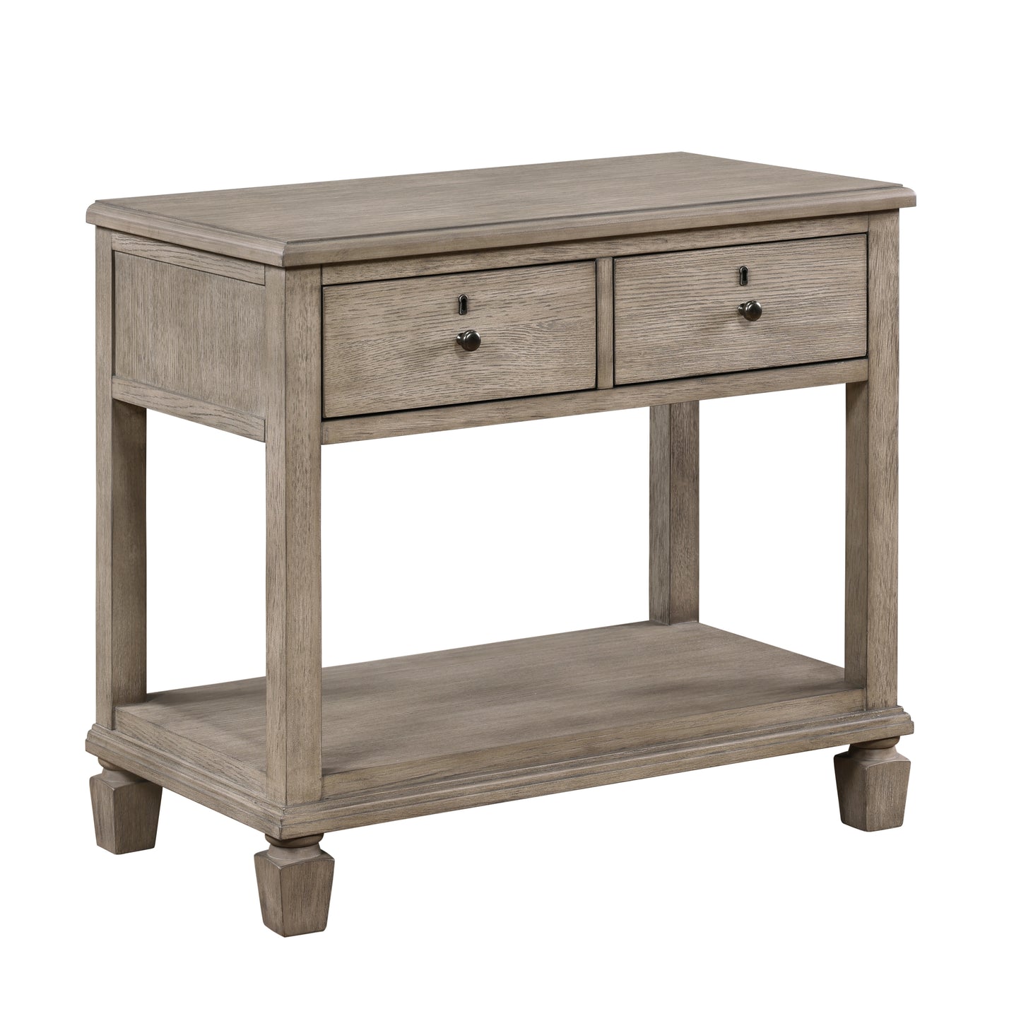 Distressed grey wooden accent table with two drawers and an open shelf