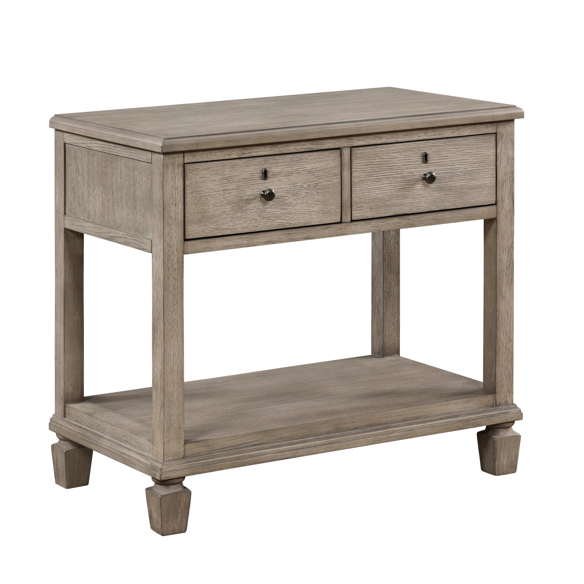 Distressed grey wooden accent table with two drawers and an open shelf