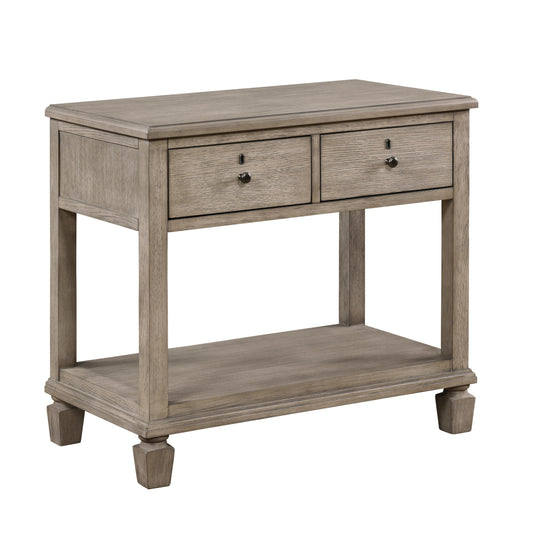 Distressed grey wooden accent table with two drawers and an open shelf