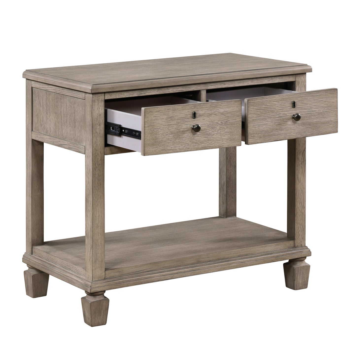 Rustic grey wood console table with two open drawers and shelf