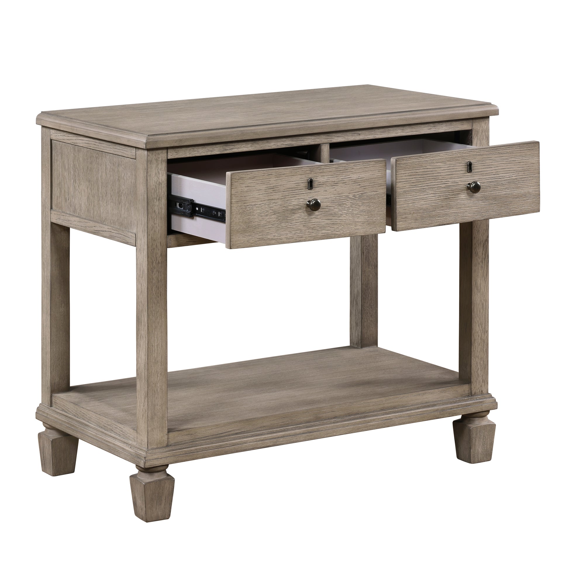 Rustic grey wood console table with two open drawers and shelf