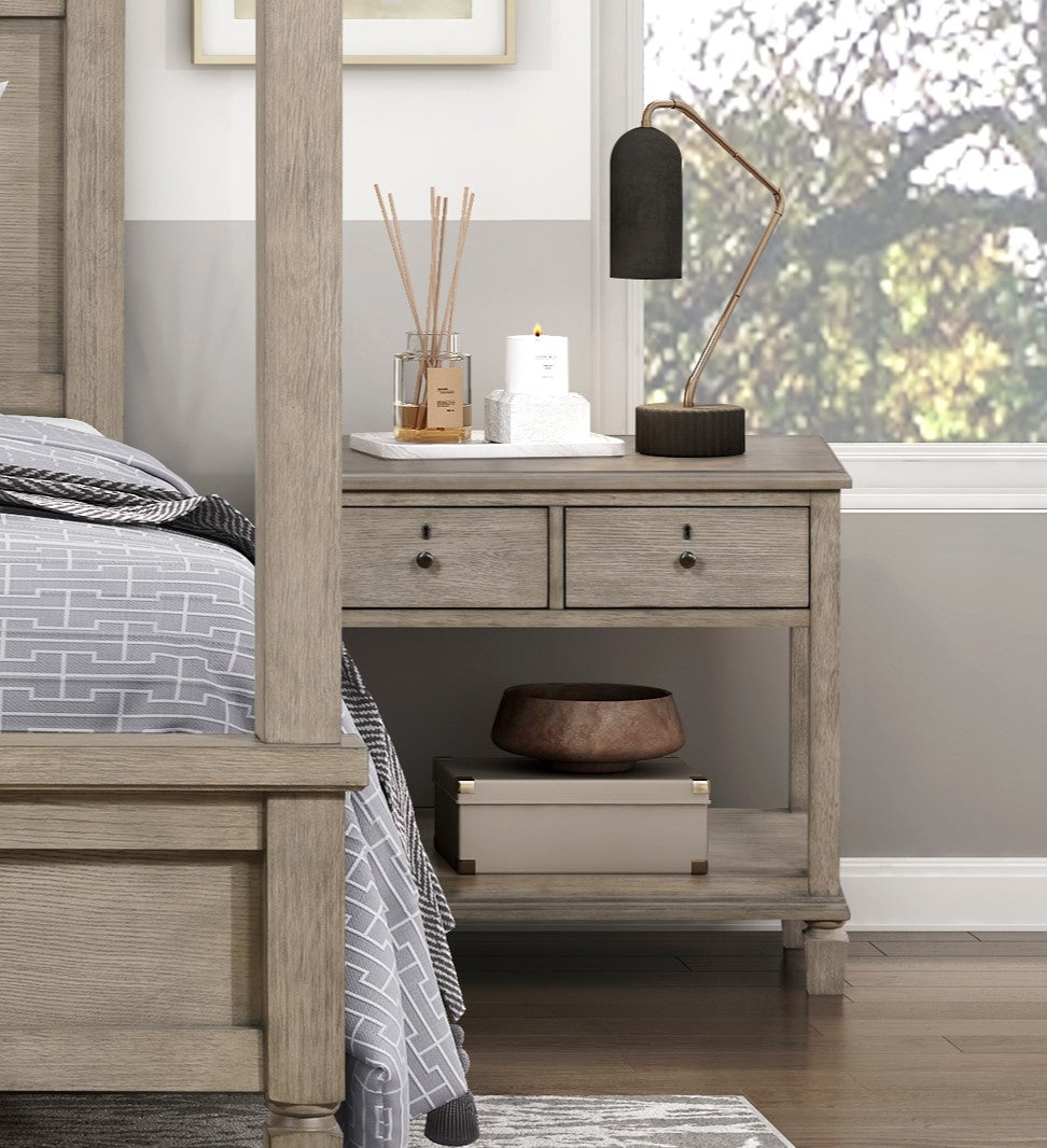 Rustic oak wood nightstand with two drawers and open shelf holding decor