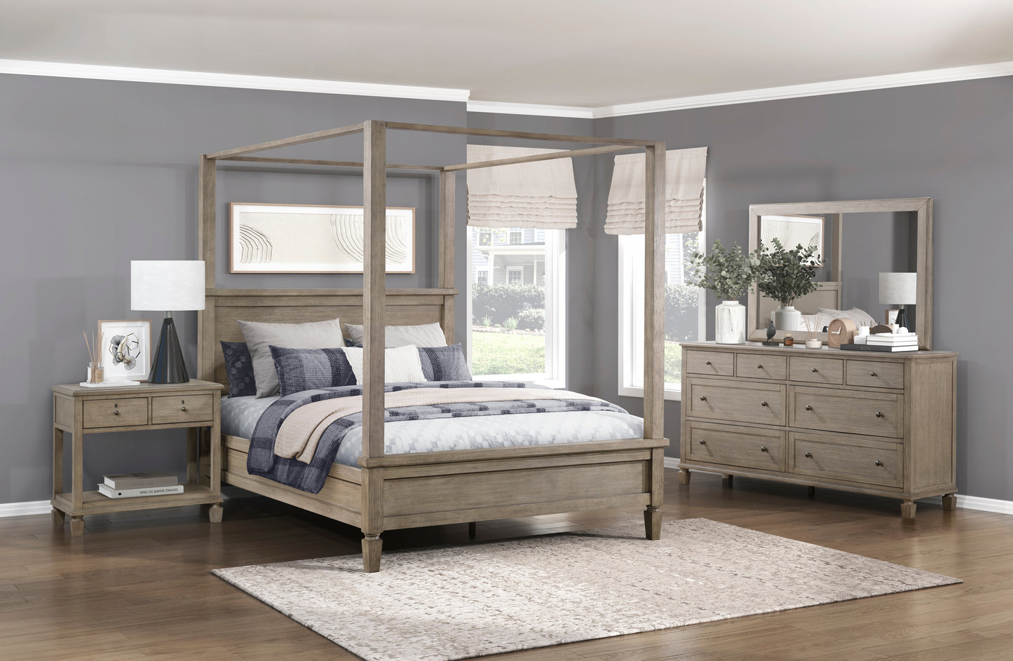 Rustic oak wood fourposter king bed with neutral bedding and matching nightstand