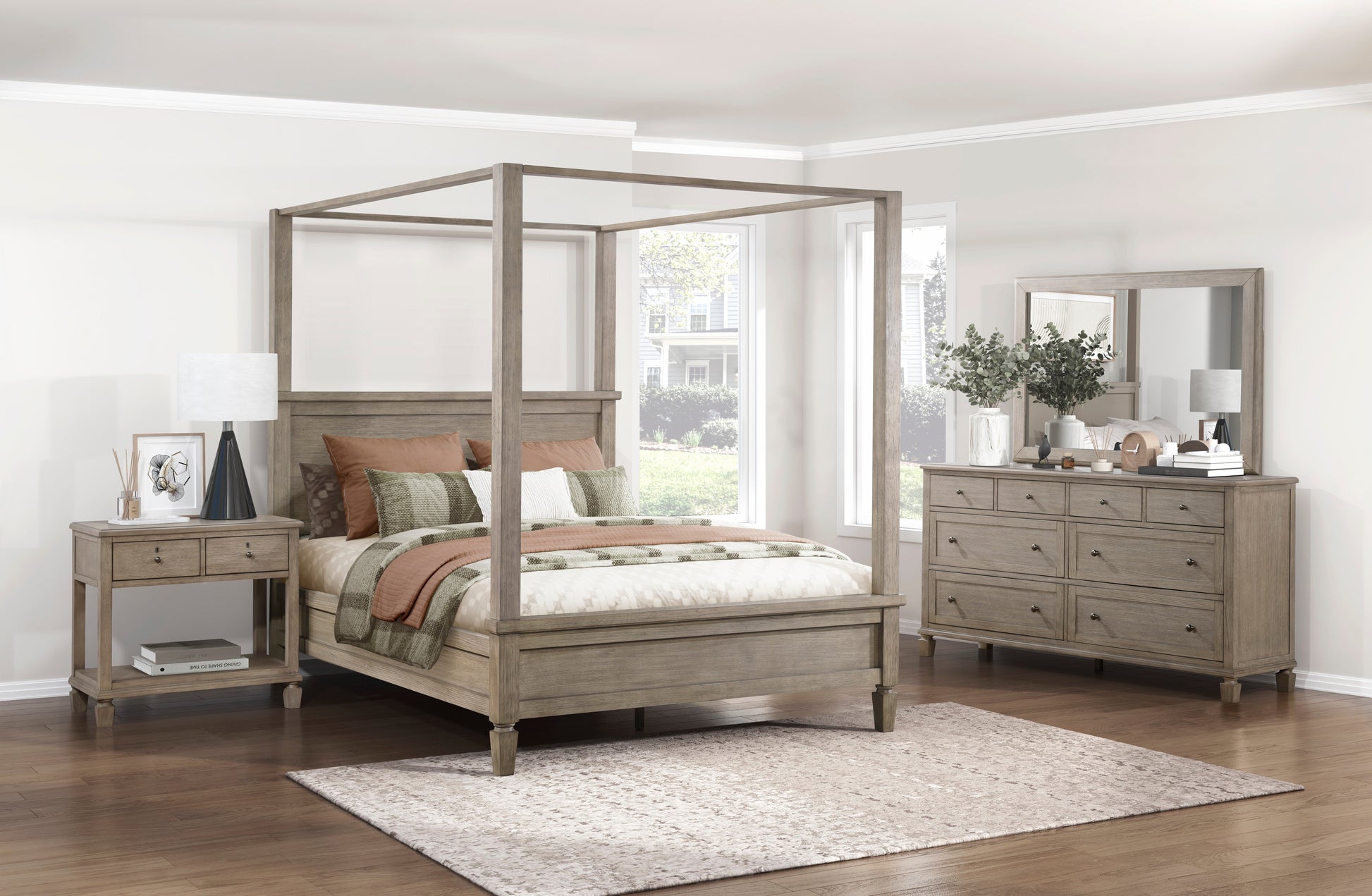 Rustic wood fourposter queen bed with earthtoned bedding and a matching nightstand